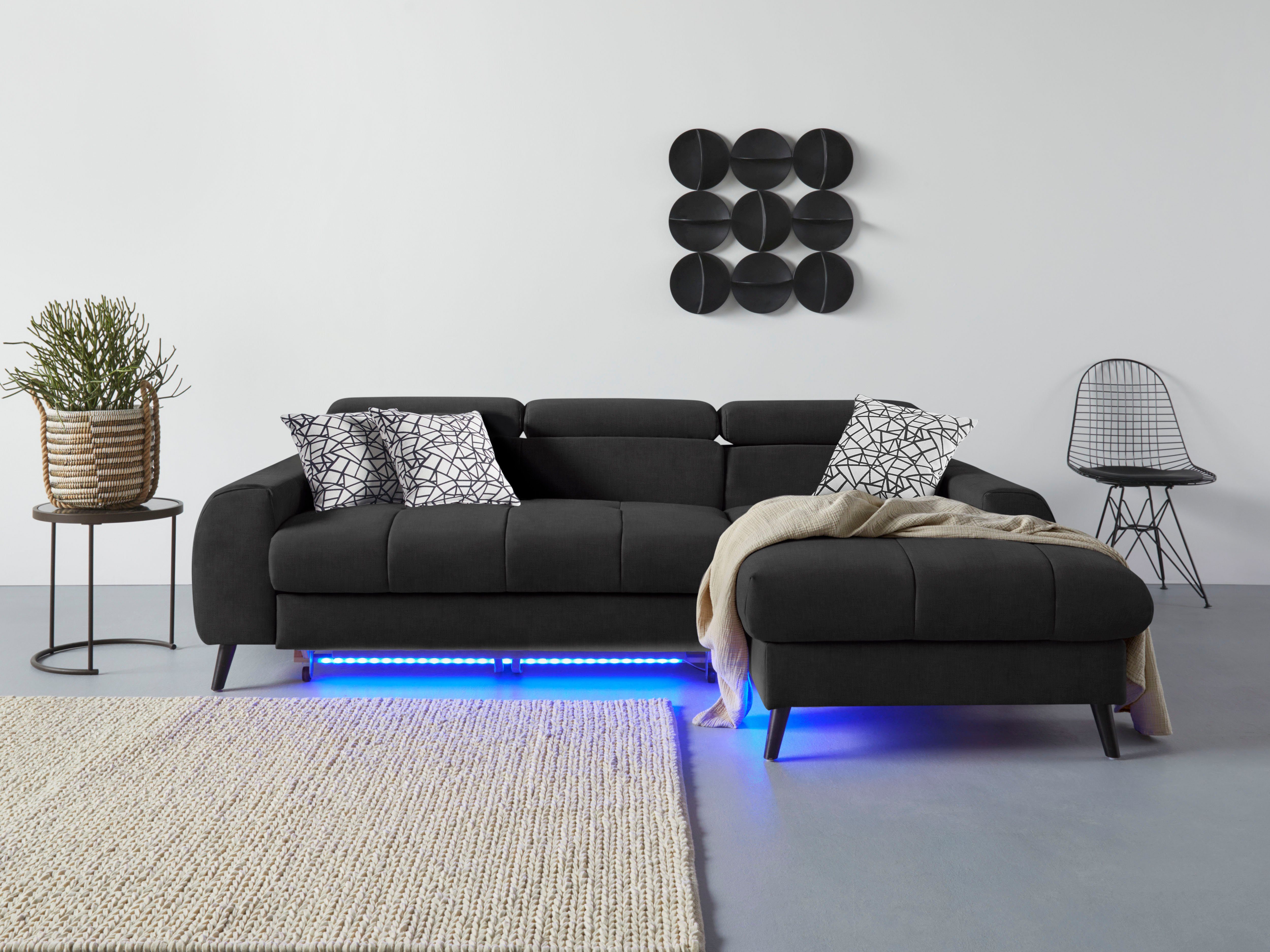 COTTA Hoekbank Mia L-vorm 3-delige kussenset, récamier, naar keuze met of zonder rgb-verlichting zwart, hoekbanken, Met slaapfunctie-met bedkist-met
