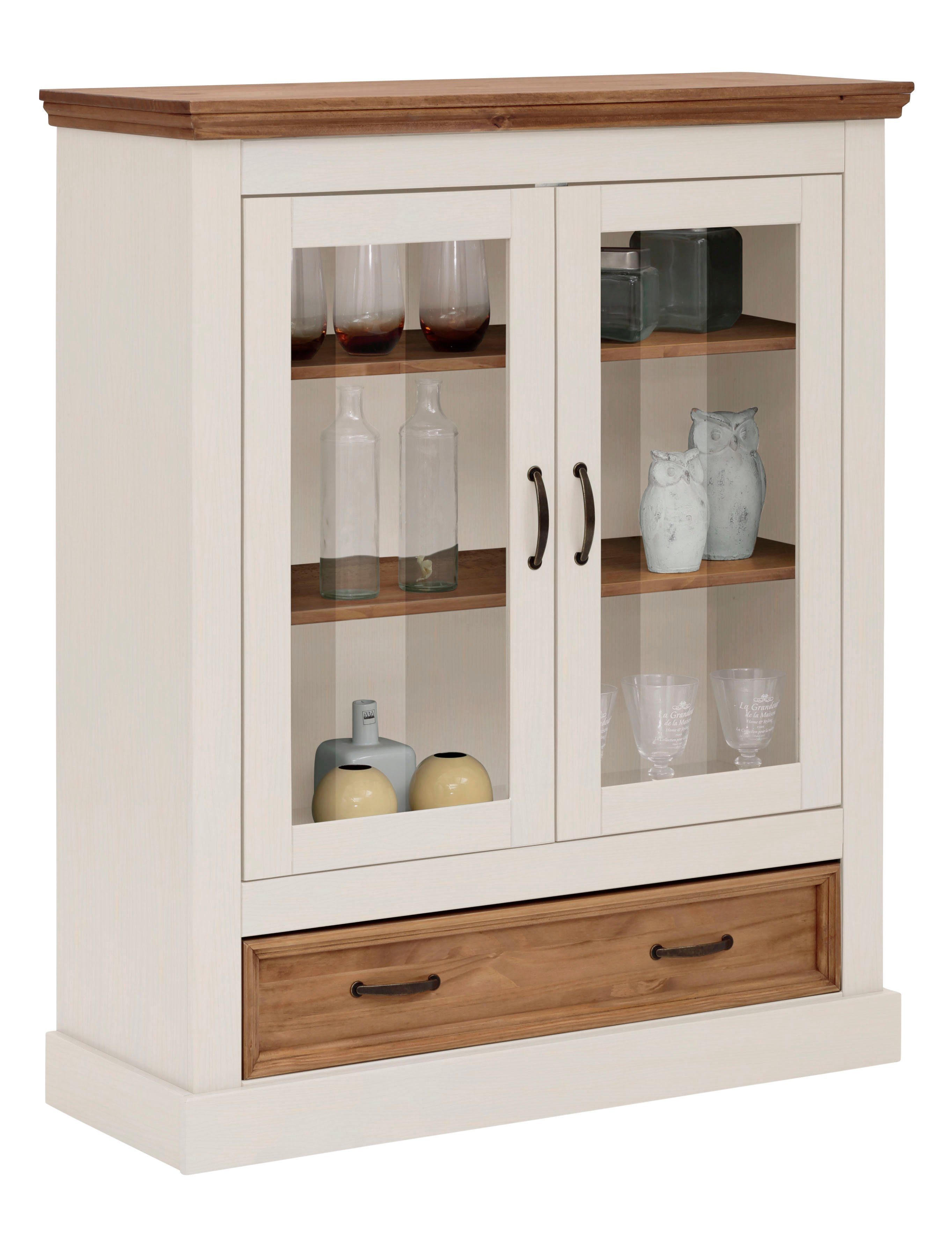 Home affaire Vitrinekast Selma Highboard gemaakt van massief grenen, met metalen handgrepen in een antieke look