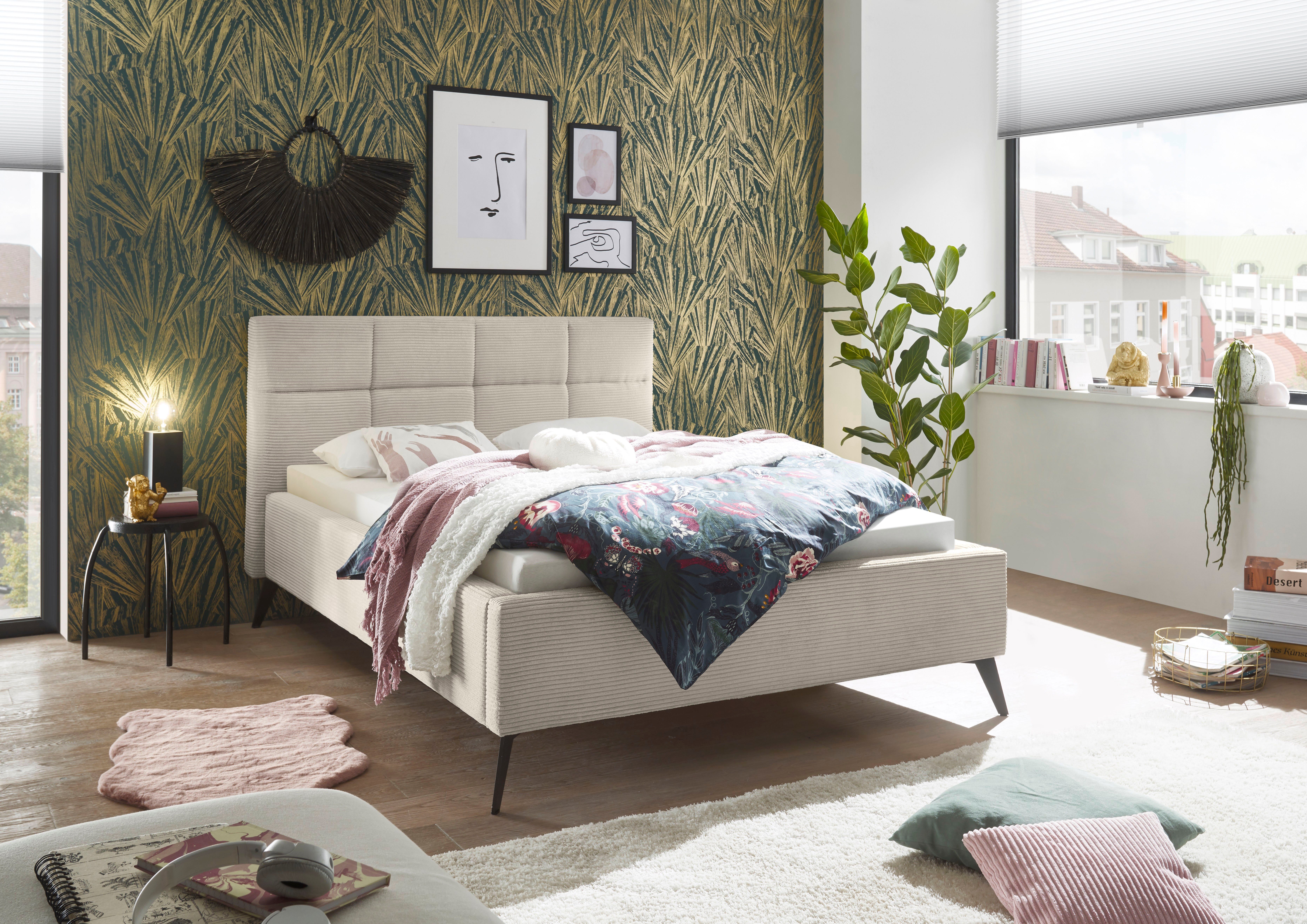 set one by Musterring Gestoffeerd bed Cary naar keuze met matras en lattenbodem, zwarte metalen poten bedden beige