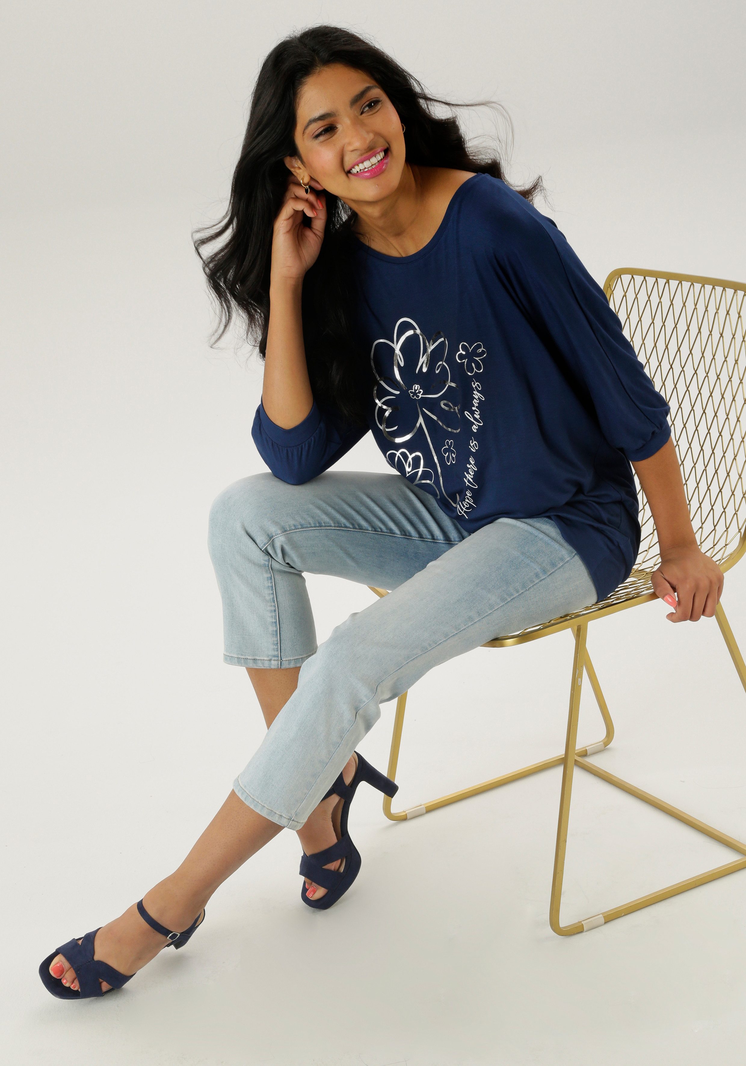 Aniston SELECTED Shirt met vleermuismouwen deels met zilverkleurige folieprint nieuwe collectie