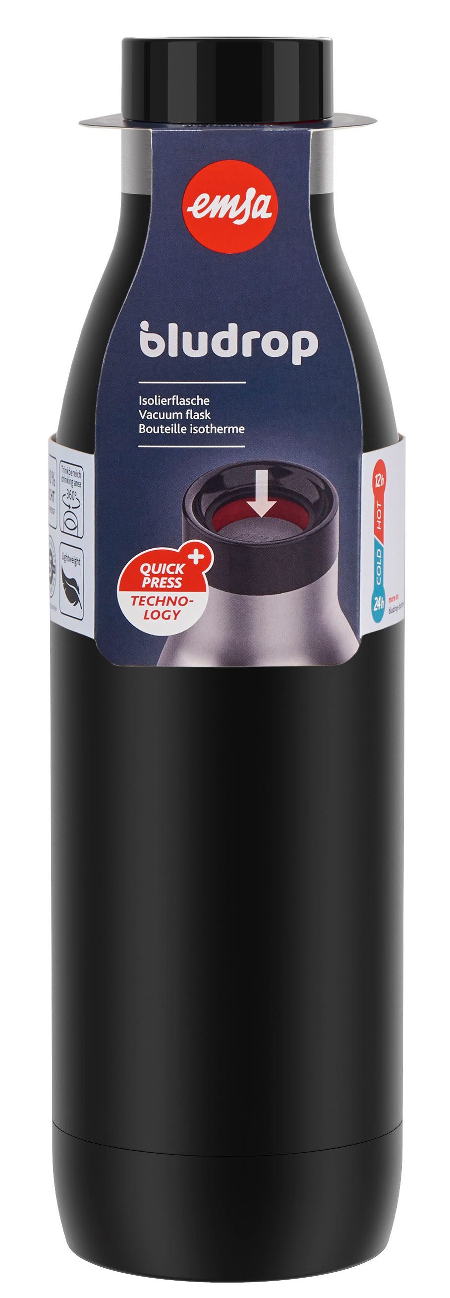 Emsa Thermosfles Drinkfles Bludrop Roestvrij staal, Quick-Press deksel, 360° drinkplezier, 12 uur warm/24 uur koel (1-delig)