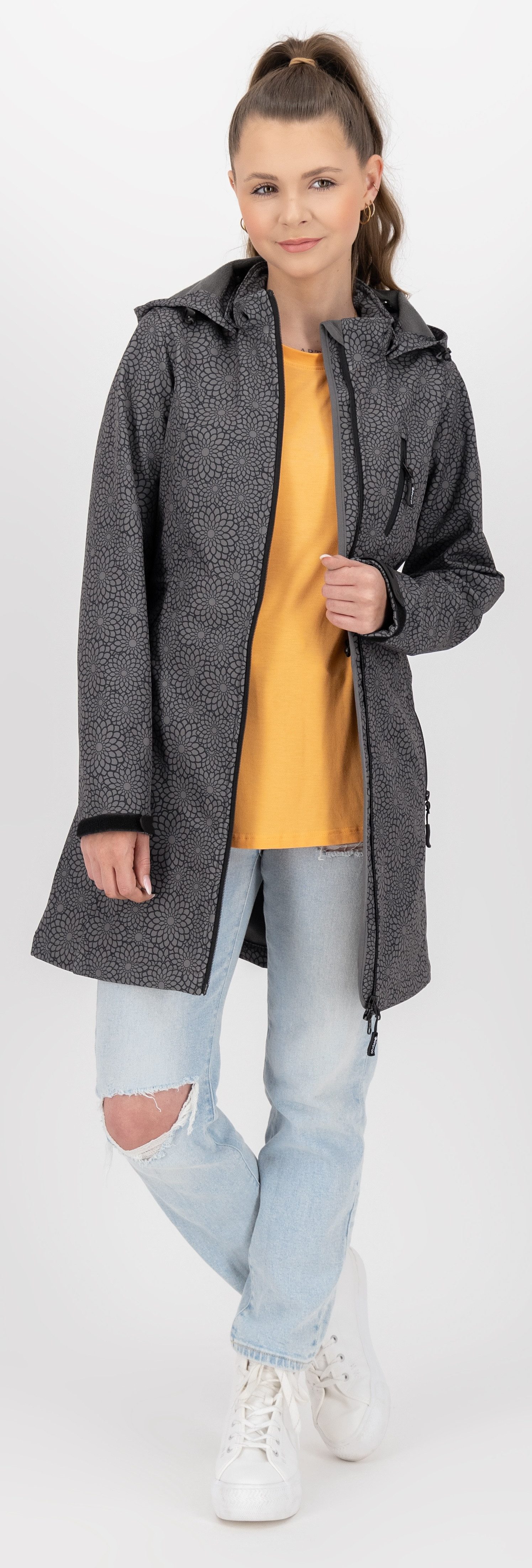 DEPROC Active Softshell-jack SHELBY LONG lichte softshell korte mantel met afneembare capuchon