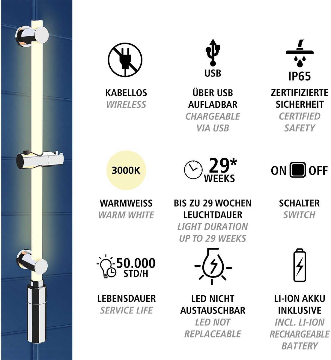 WENKO Douchestang met ledverlichting Lengte: 74 cm, warmwit, inclusief oplaadbare eenheid