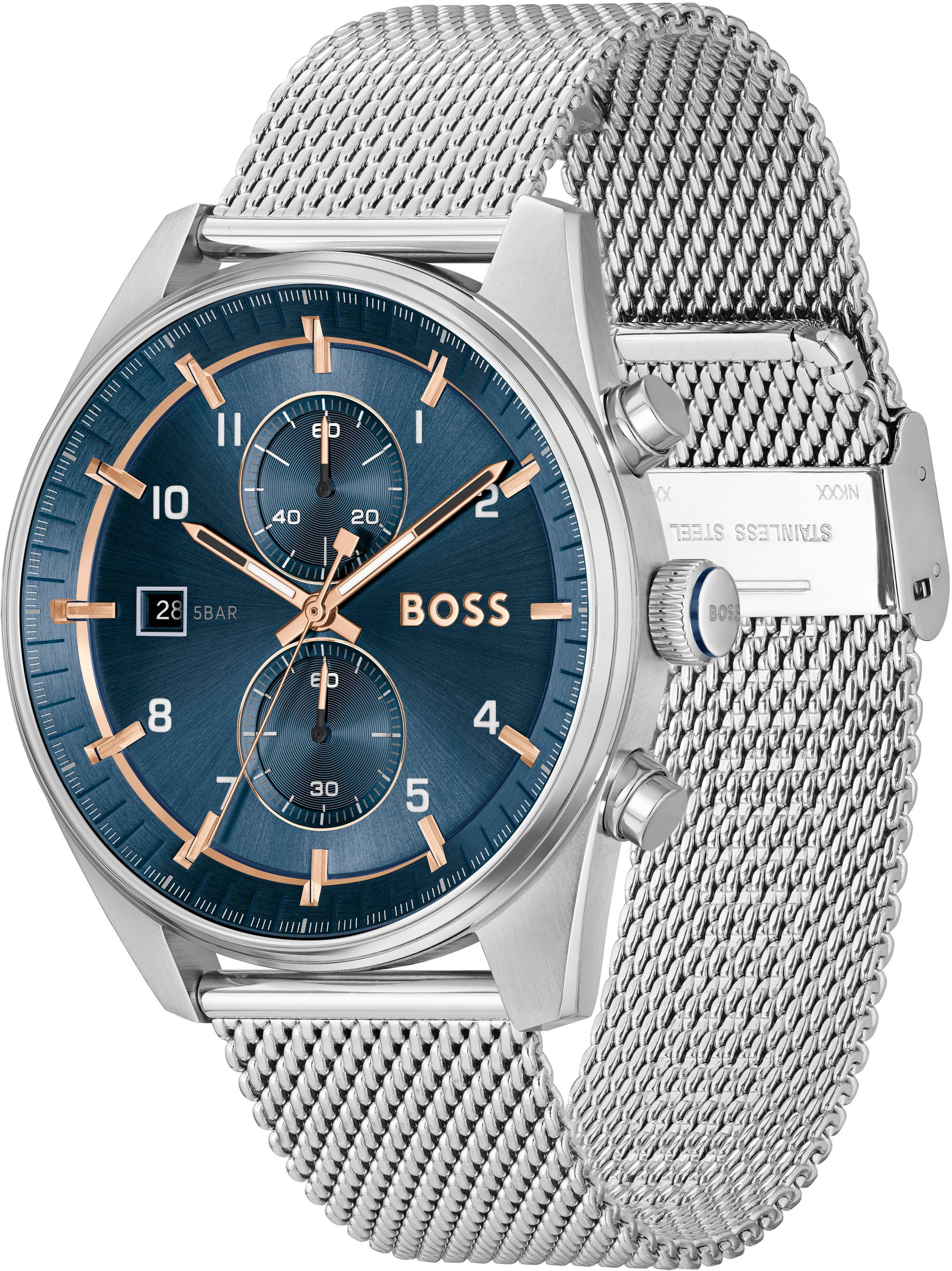 Boss Chronograaf SKYTRAVELLER Quartzhorloge, horloge, herrenuur, leren band, analoog, dag