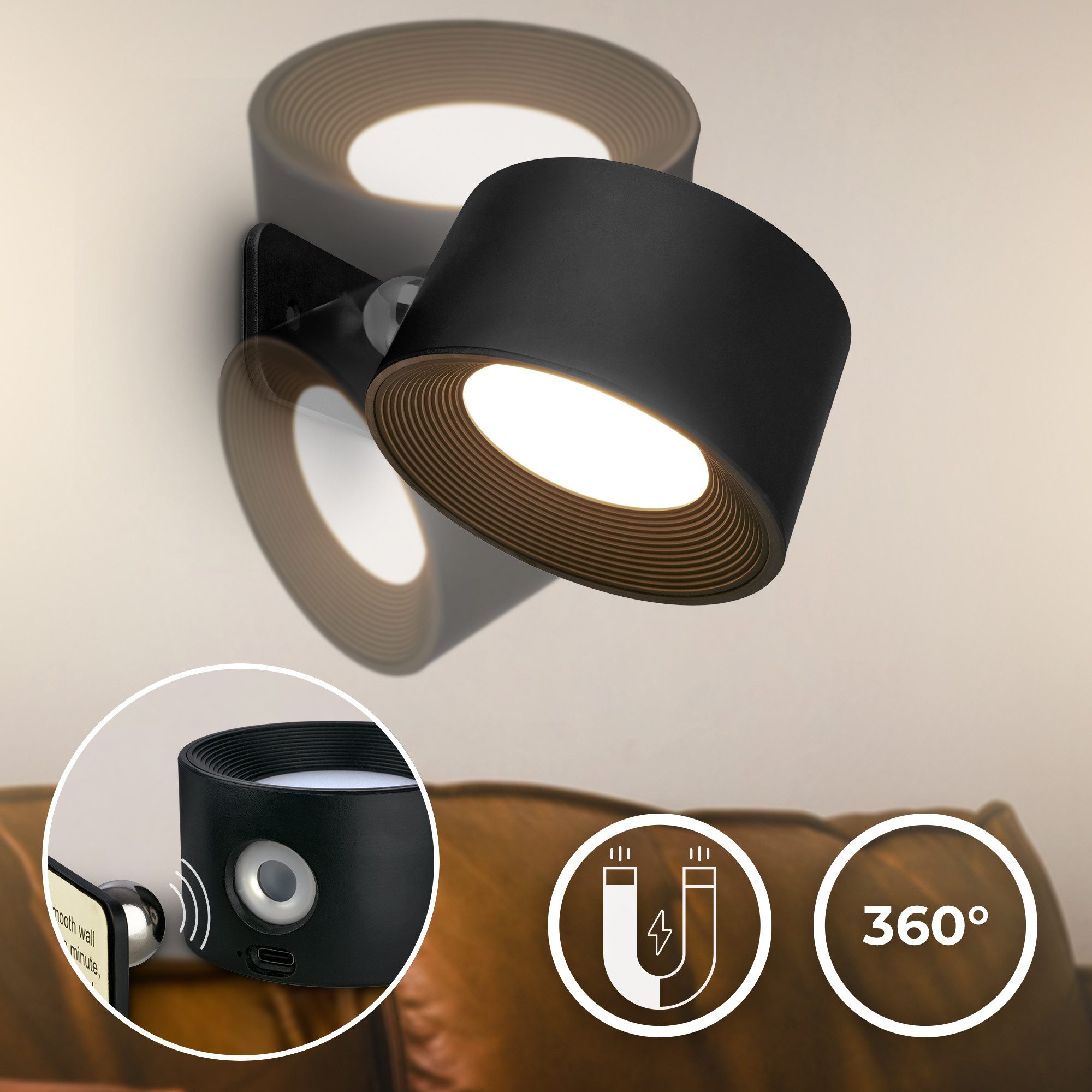 B.K.Licht Led-wandlamp BKL1597 Magnetische accu wandlamp, 3-niveau dimmer, met USB-C