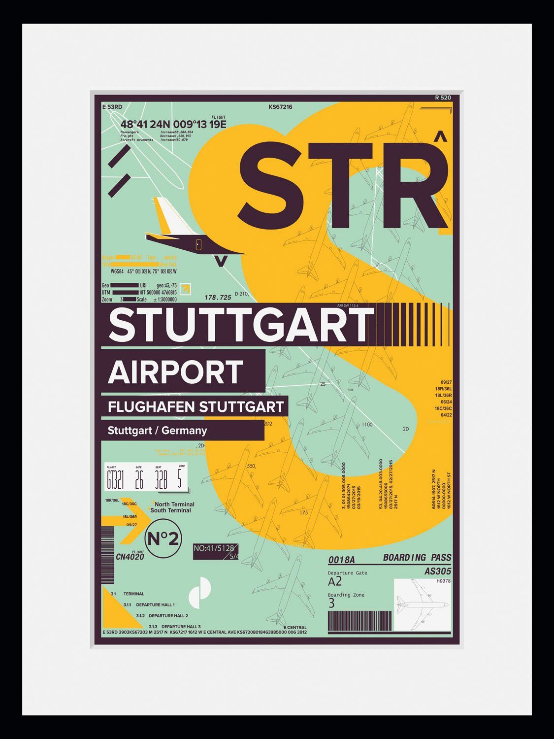 queence Wanddecoratie STR AIRPORT HD premium posterdruk incl. houten lijst (1 stuk)