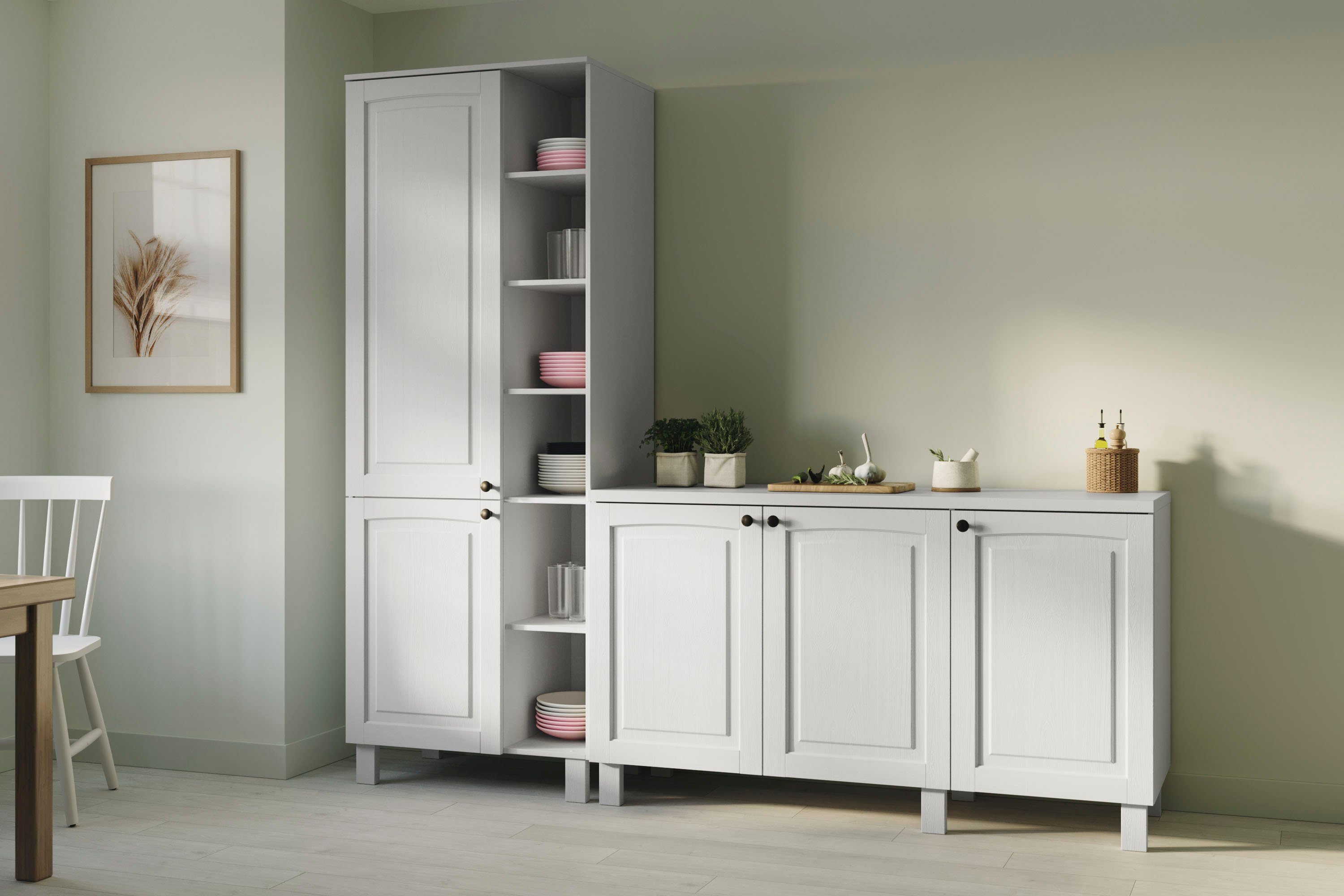 Kochstation Hoge kast KS-Osby Massief grenen, breedte 75 cm, 2 deuren, 4 legplanken, 6 open vakken (1 stuk)