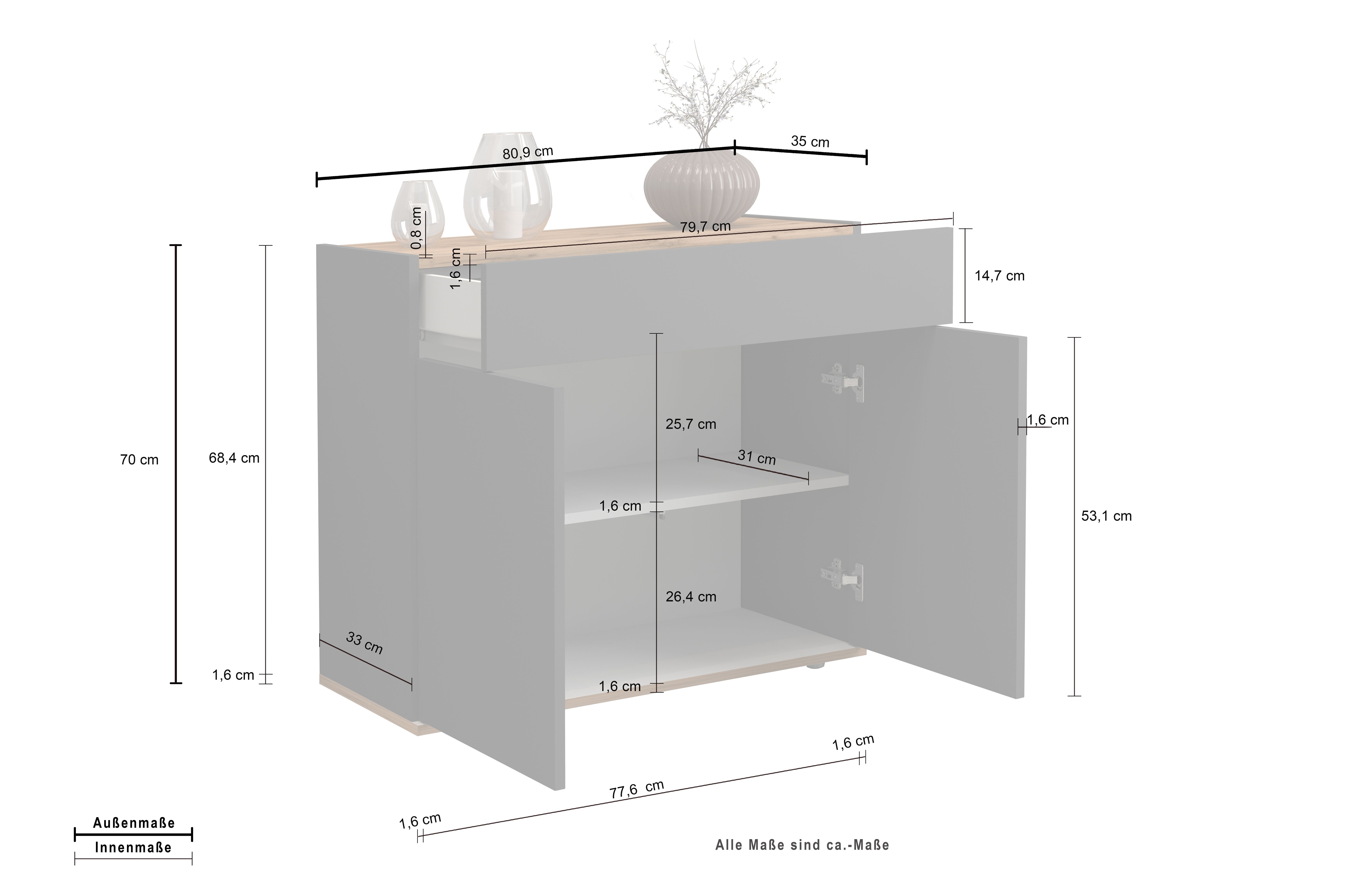 INOSIGN Dressoir Garda, Ladekast, Kast, Buffet 2 deuren, 1 lade, greeploos breedte 80,9 cm