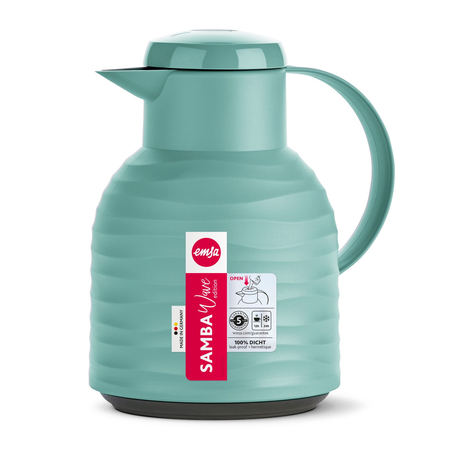Emsa Thermoskan Samba Wave Made in Germany, 12u warm/24u koud, Quick-Press deksel, glazen fles