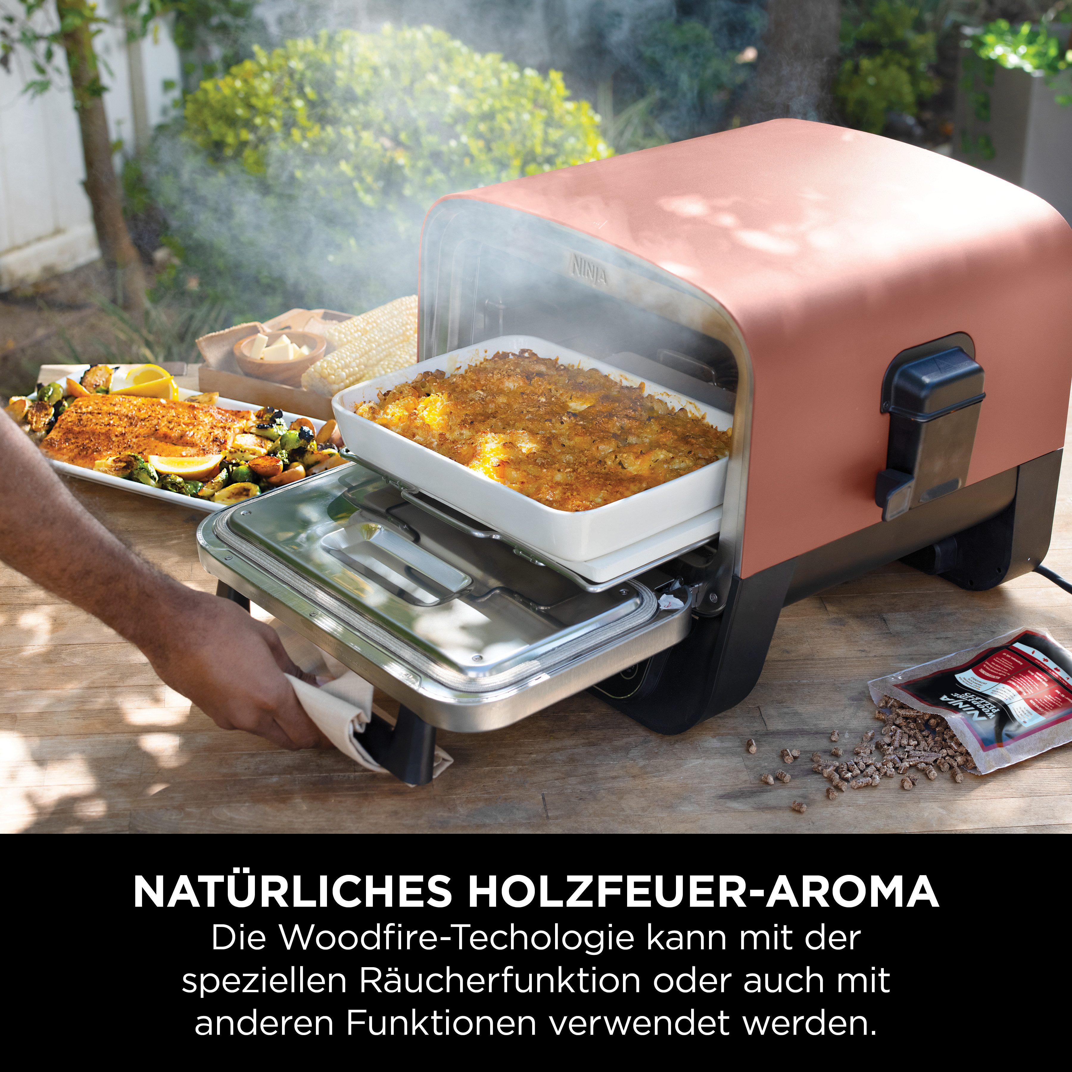 NINJA Multifunctionele oven OO101EU, Elektrische Outdoor pizzaoven en roker, 8-in-1: Pizza Bakken, Max Roast, grillen, bakken/roosteren, roken, drogen & warmhouden