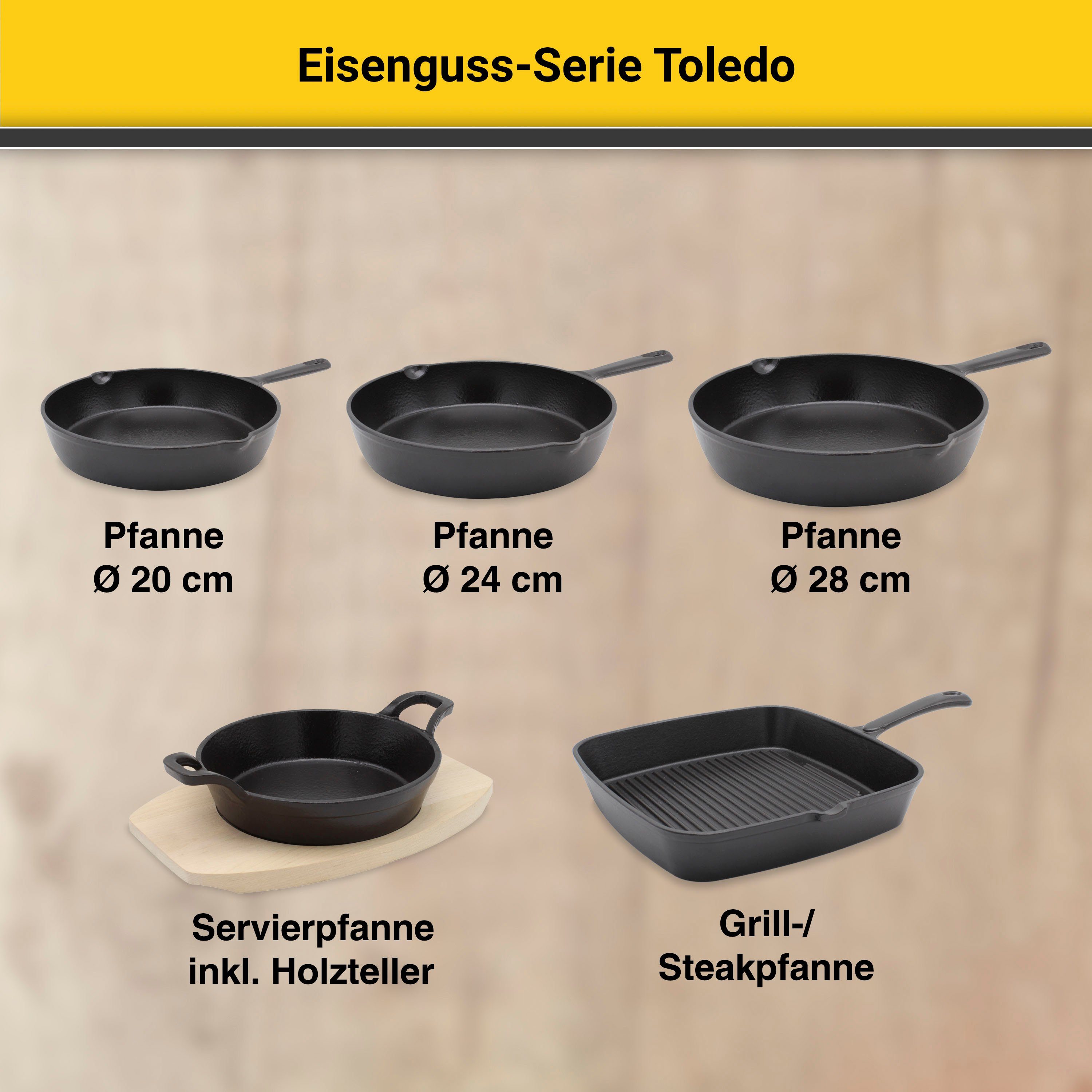 Krüger Serveerpan Gietijzeren braad- en serveerpan met houten bord TOLEDO, 18 cm (1-delig)