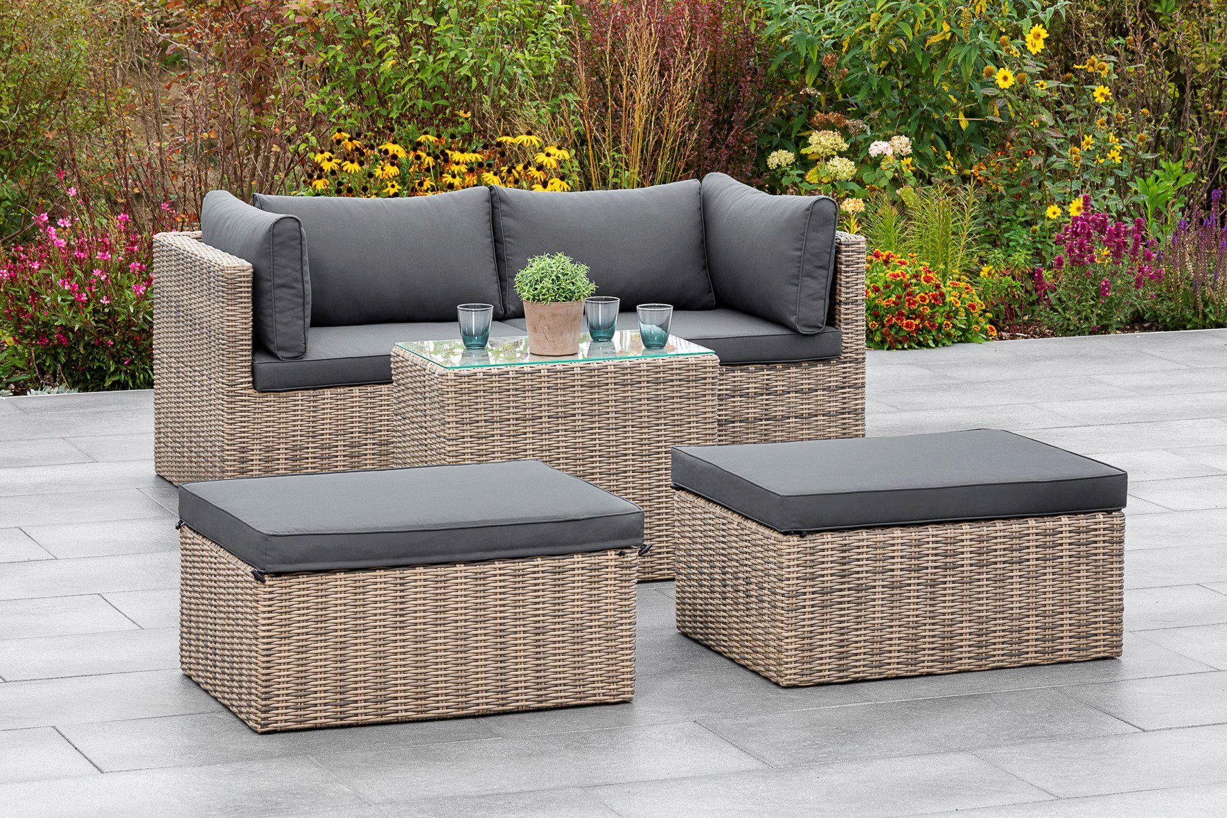 MERXX Tuin-eethoek Licosa 2 fauteuils, 2 hockers, tafel, met kussens, naturelgrijs (5-delig) tuinsets grijs