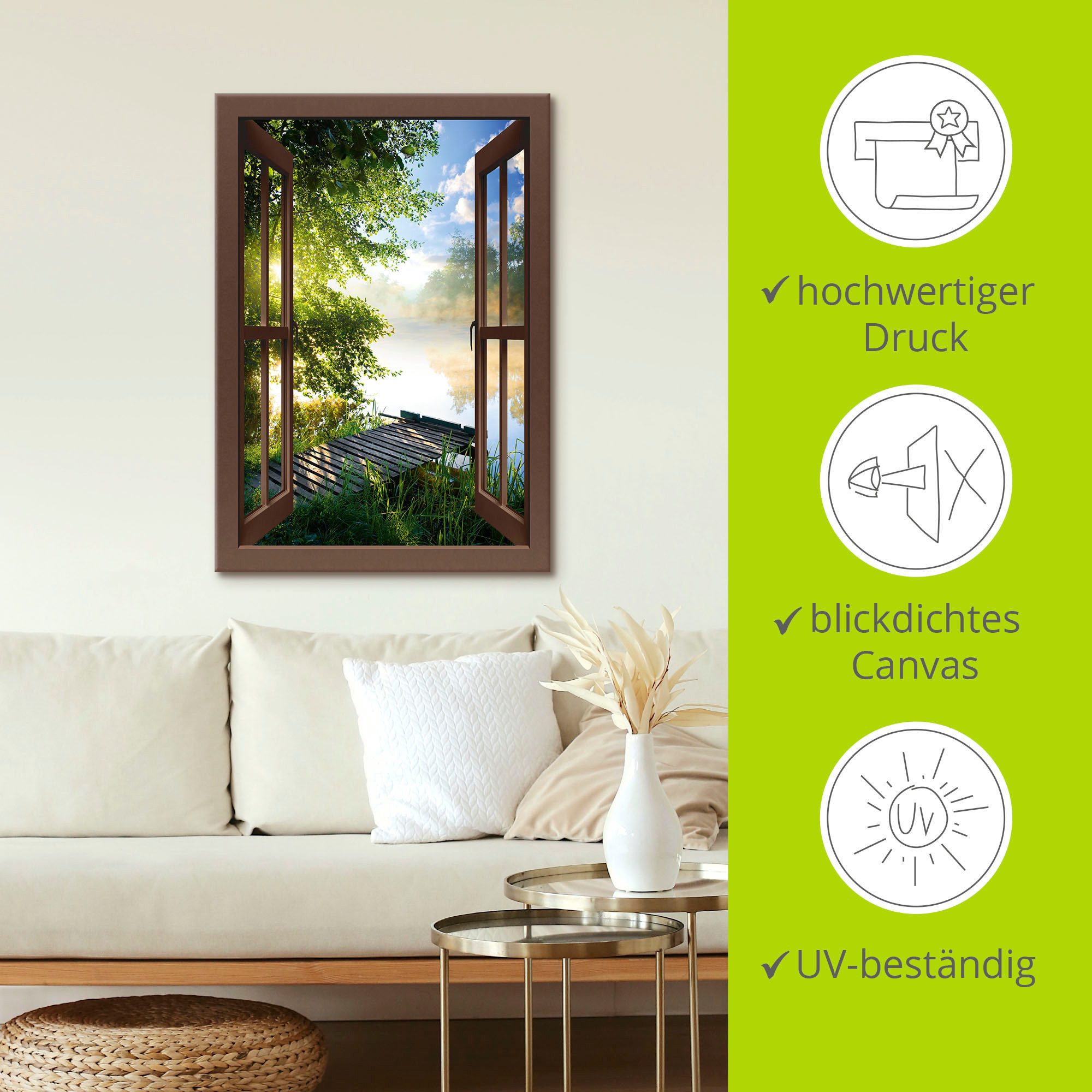 Artland Artprint Blik uit het venster visplek bij de rivier als artprint van aluminium, artprint voor buiten, artprint op linnen, poster, muursticker