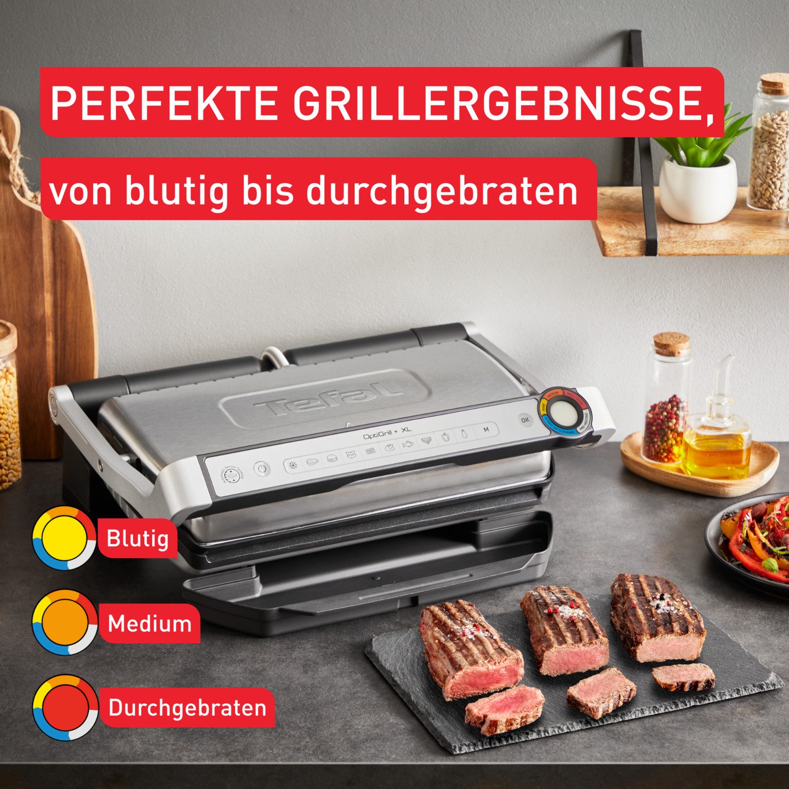 Tefal Contactgrill OptiGrill + XL, erneuerte Kochstufenanzeige, 9 automatische Programme vernieuwde kookniveau-indicator, handmatig + 9 automatische programma's