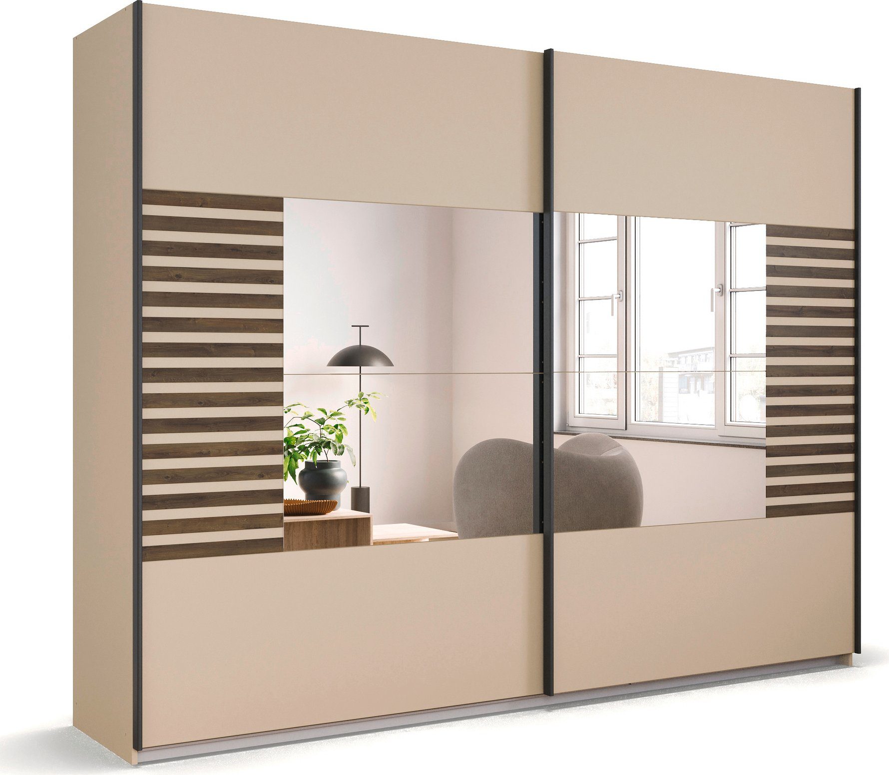 rauch Zweefdeurkast Kledingkast Kast Garderobe Slaapkamerkast BAREA Front-oplage in moderne lamellen-look en spiegel MADE IN GERMANY zweefdeurkasten
