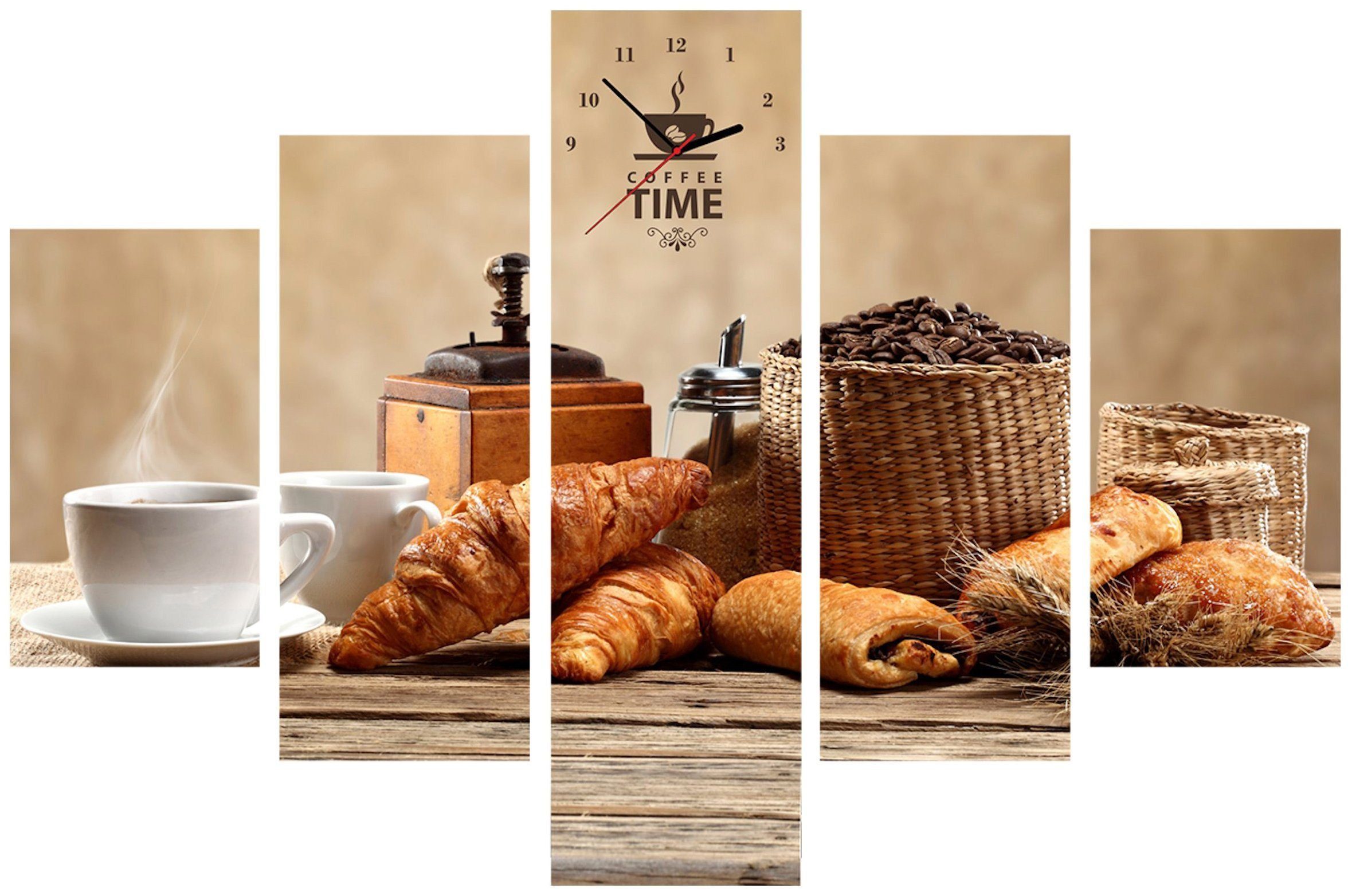 Conni Oberkircher´s Wanddecoratie Fresh Coffe - verse koffie met decoratieve klok, koffiebonen, croissants, ontbijt, keuken (set)