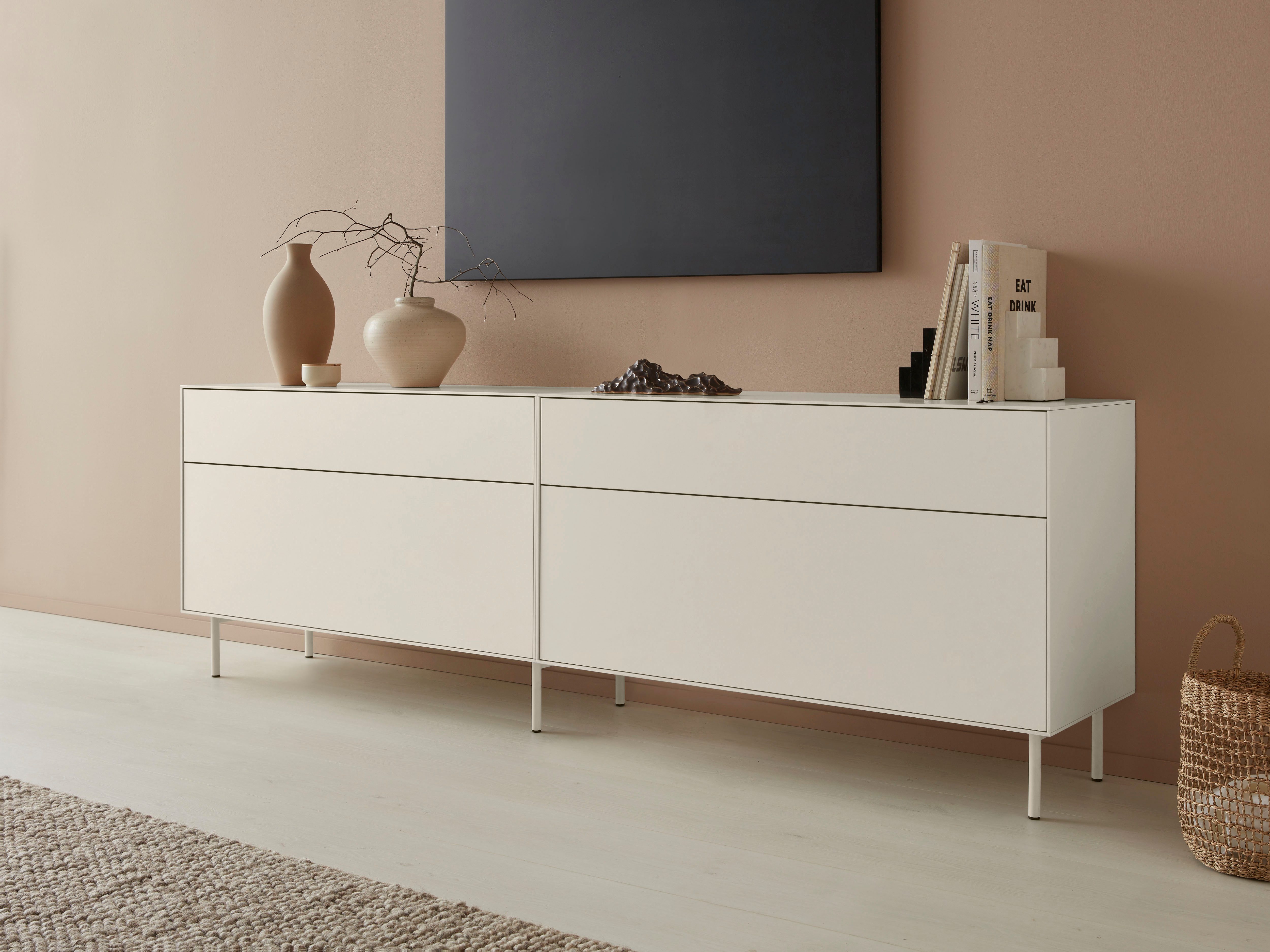 LeGer Home by Lena Gercke Tv-meubel Essentials Breedte: 224 cm, MDF gelakt, push-to-open-functie (2 stuks) lowboards grijs