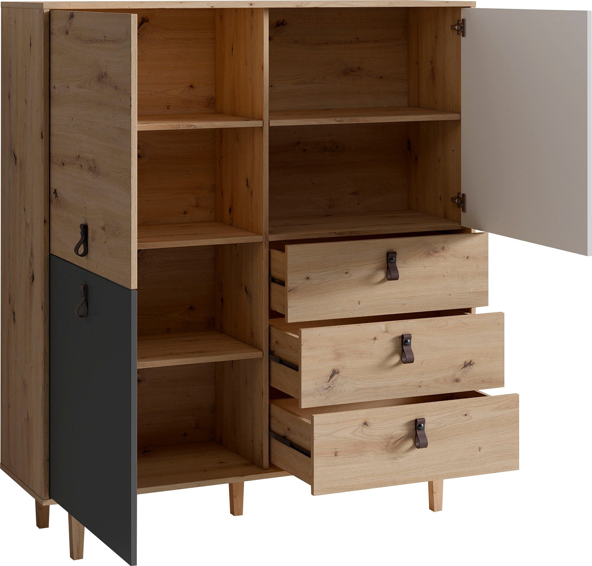 INOSIGN Highboard Bill, met drie lades en drie deuren, 120 cm breed met verstelbare legplanken, massieve houten poten