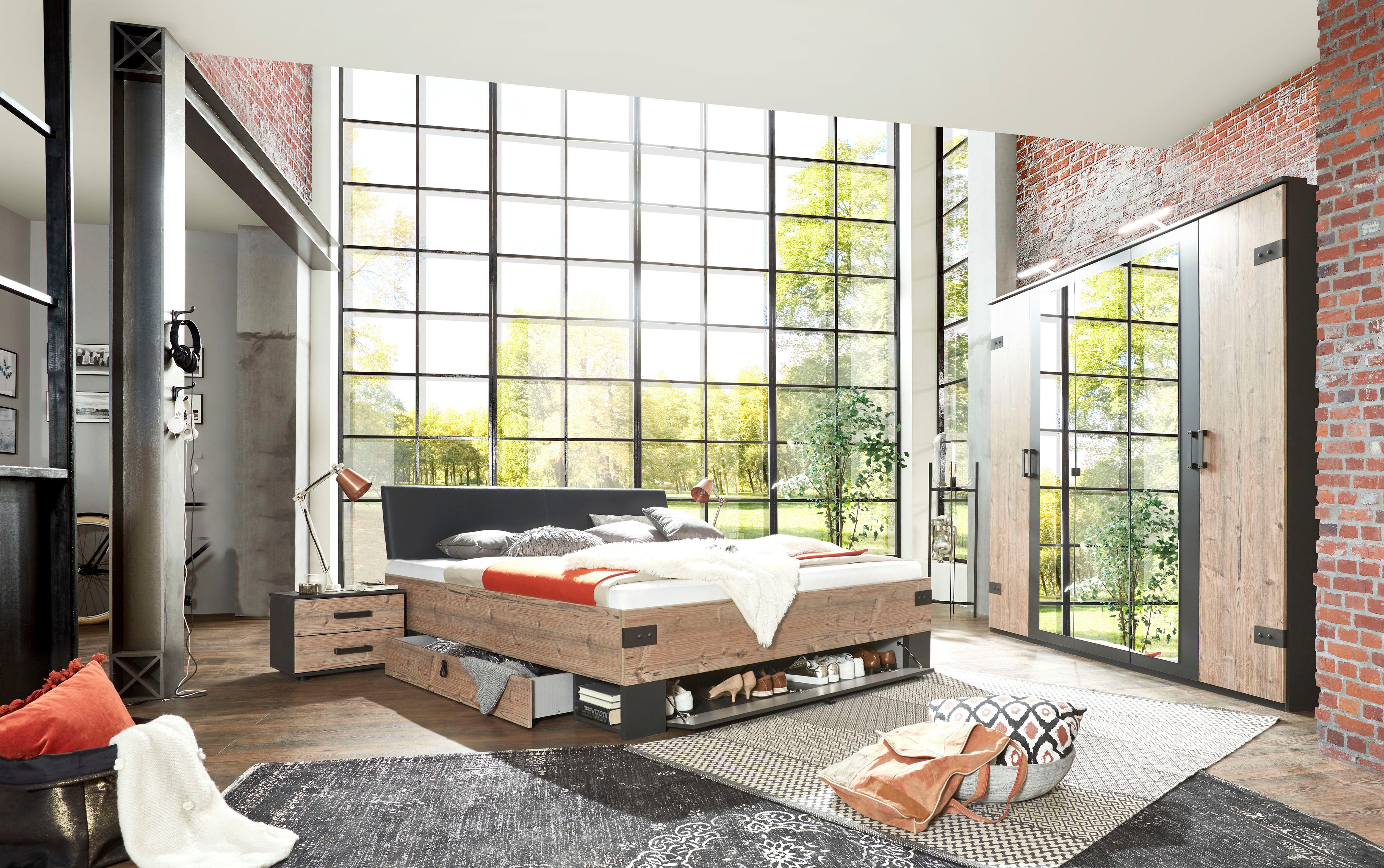 Wimex Slaapkamerserie Stockholm, rustieke look in industrieel ontwerp 6-delig, kledingkast met spiegel, bed inclusief lades (set)