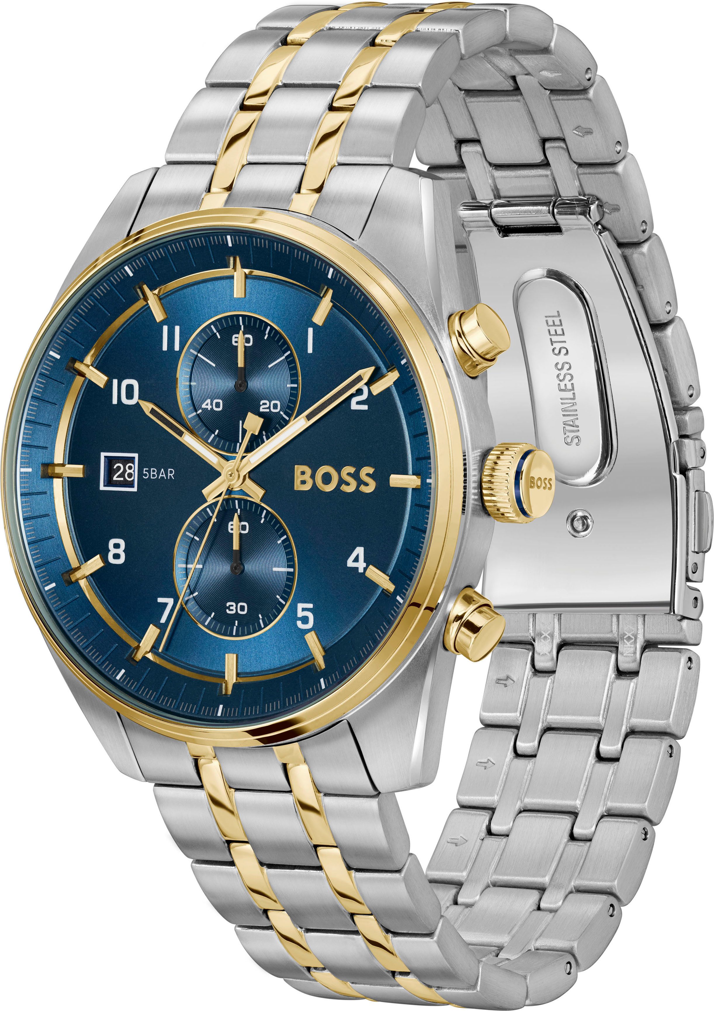 Boss Chronograaf SKYTRAVELLER Quartzhorloge, horloge, herrenuur, leren band, analoog, dag