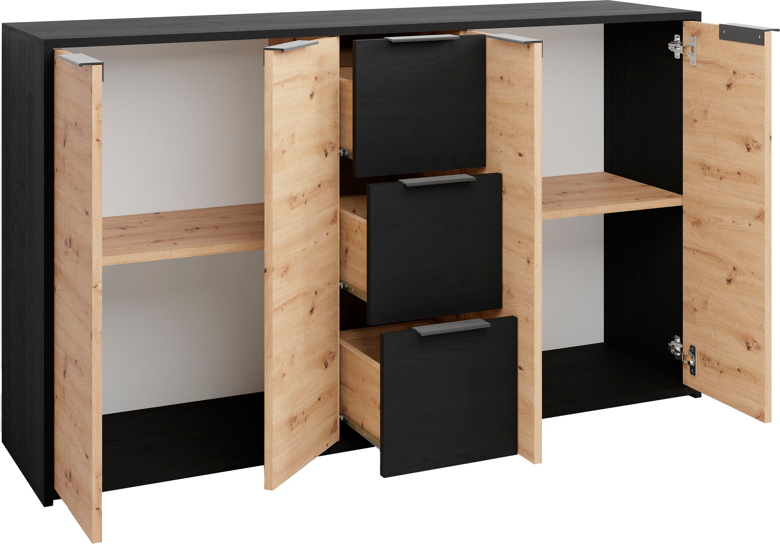 byLIVING Dressoir Rimini Melamine eiken zwart en artisan eiken, 3 lades, 4 deuren