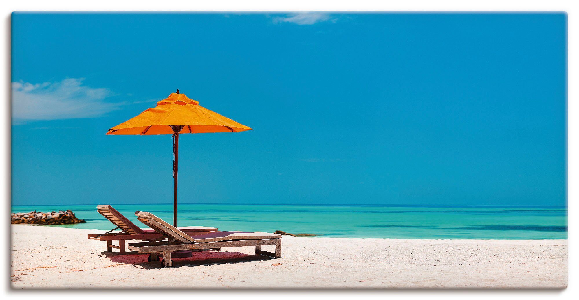 Artland Artprint Ligstoel parasol strand Malediven als artprint van aluminium, artprint voor buiten, artprint op linnen, poster, muursticker foto