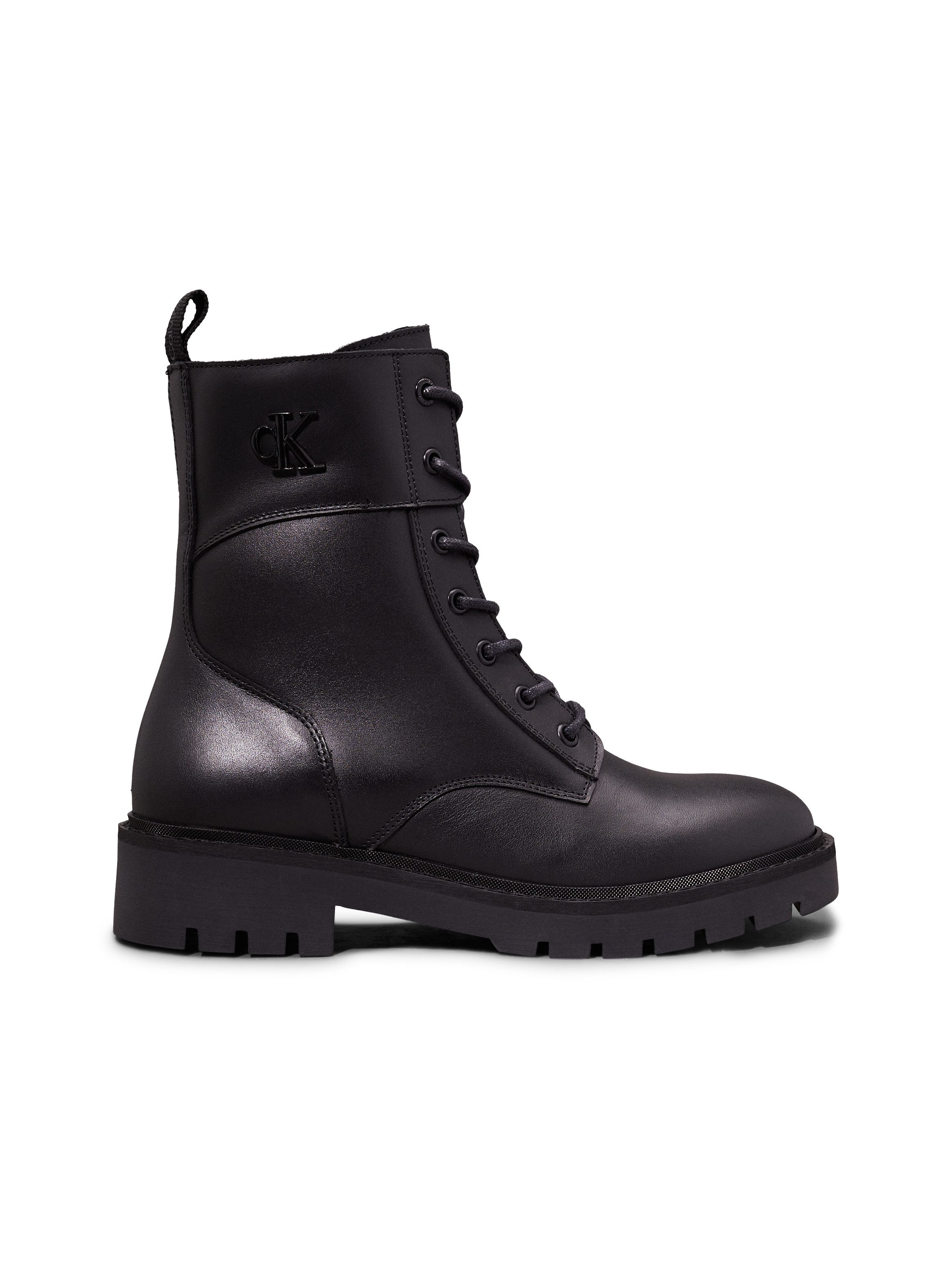 Calvin Klein Veterschoenen COMBAT BOOT MID ZIP LTH IN CALF blokhak, veterschoen, enkellaars met zij ck-sieraad