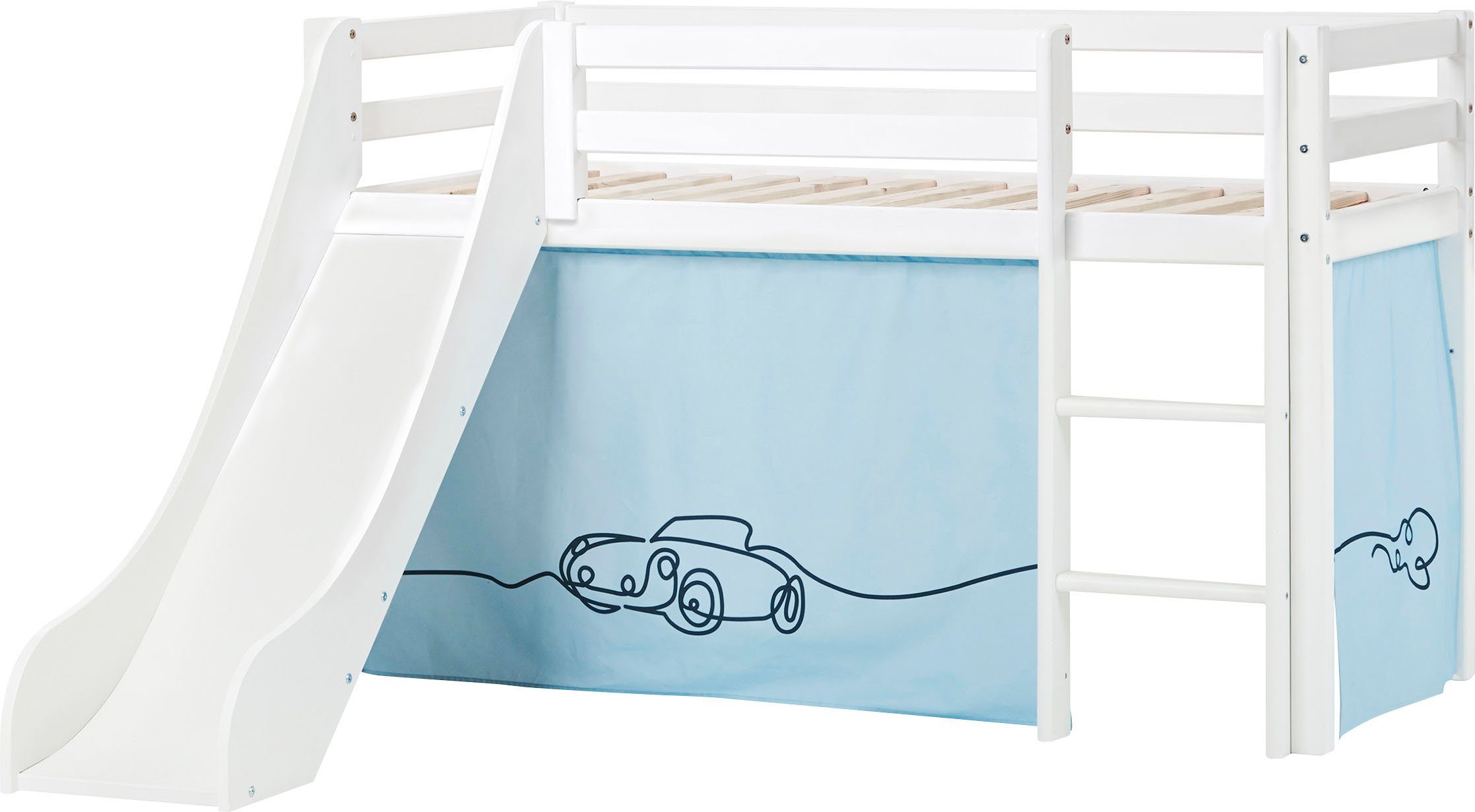 Hoppekids Hoogslaper "Cars" Glijbaan & gordijn blauw en veel keus