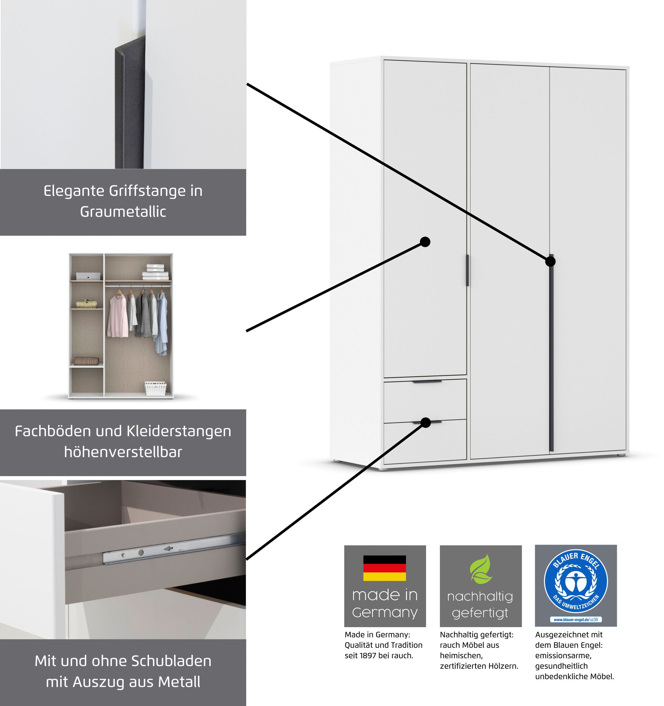 rauch Draaideurkast Kledingkast Kast Garderobe Wasmand NAGATA met Spiegel und schubladen sowie stangengriffen topseller made in germany