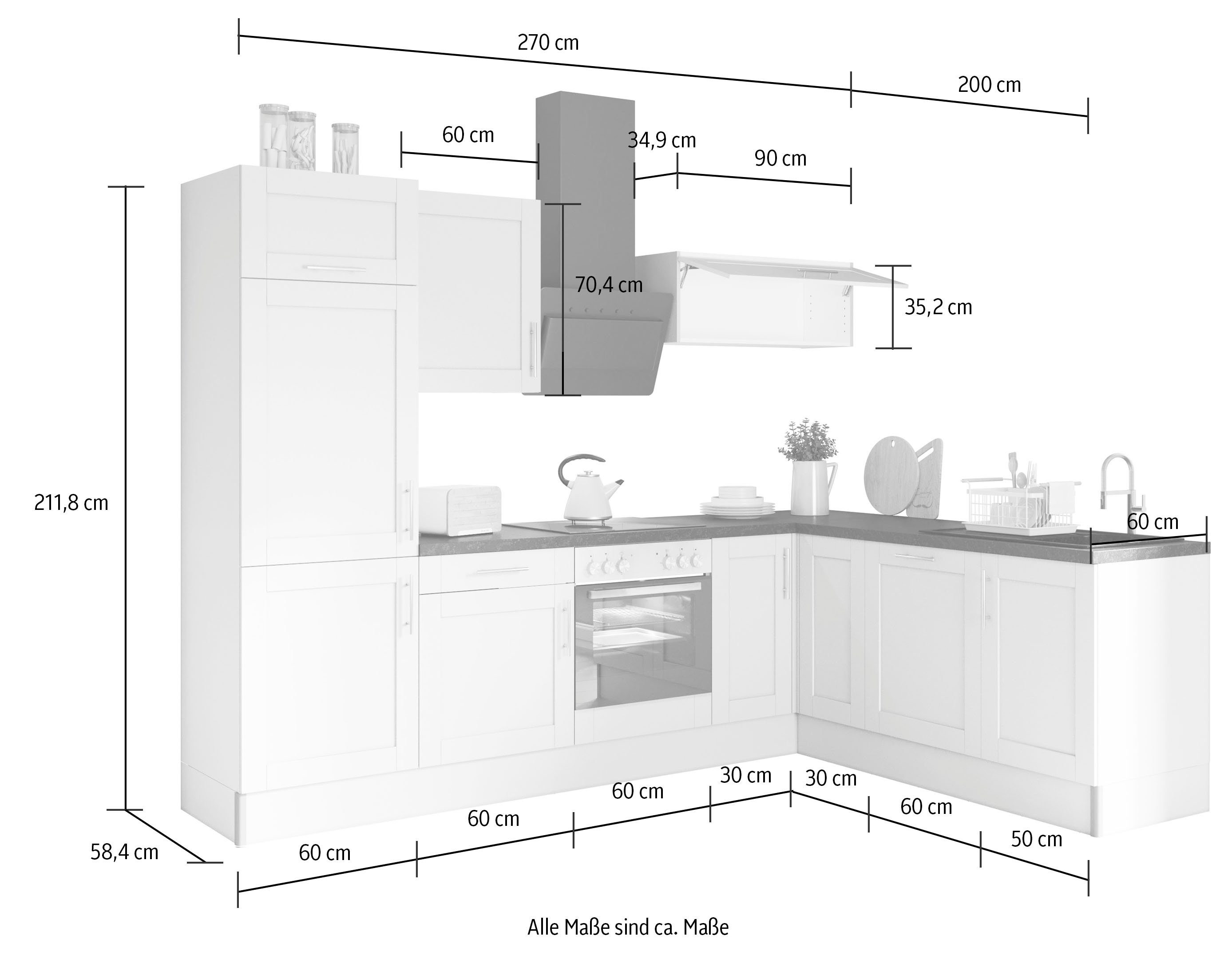 Kochstation Keuken KS-Ahus 200 x 270 cm breed, optioneel met elektrische apparaten, soft close functie