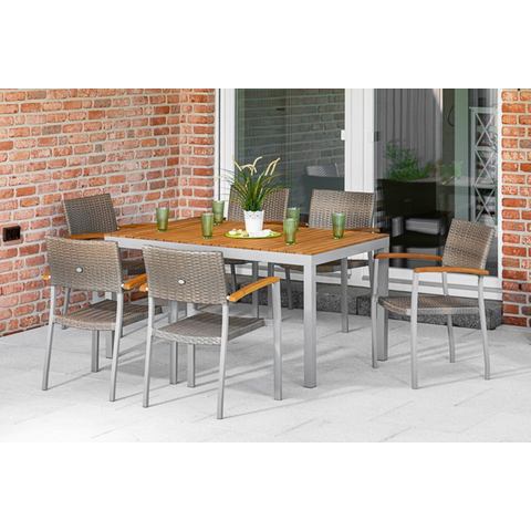 MERXX Tuinmeubelset Silano 6 stapelstoelen met armleuningen, tafel, acaciahout-aluminiumframe (7 del