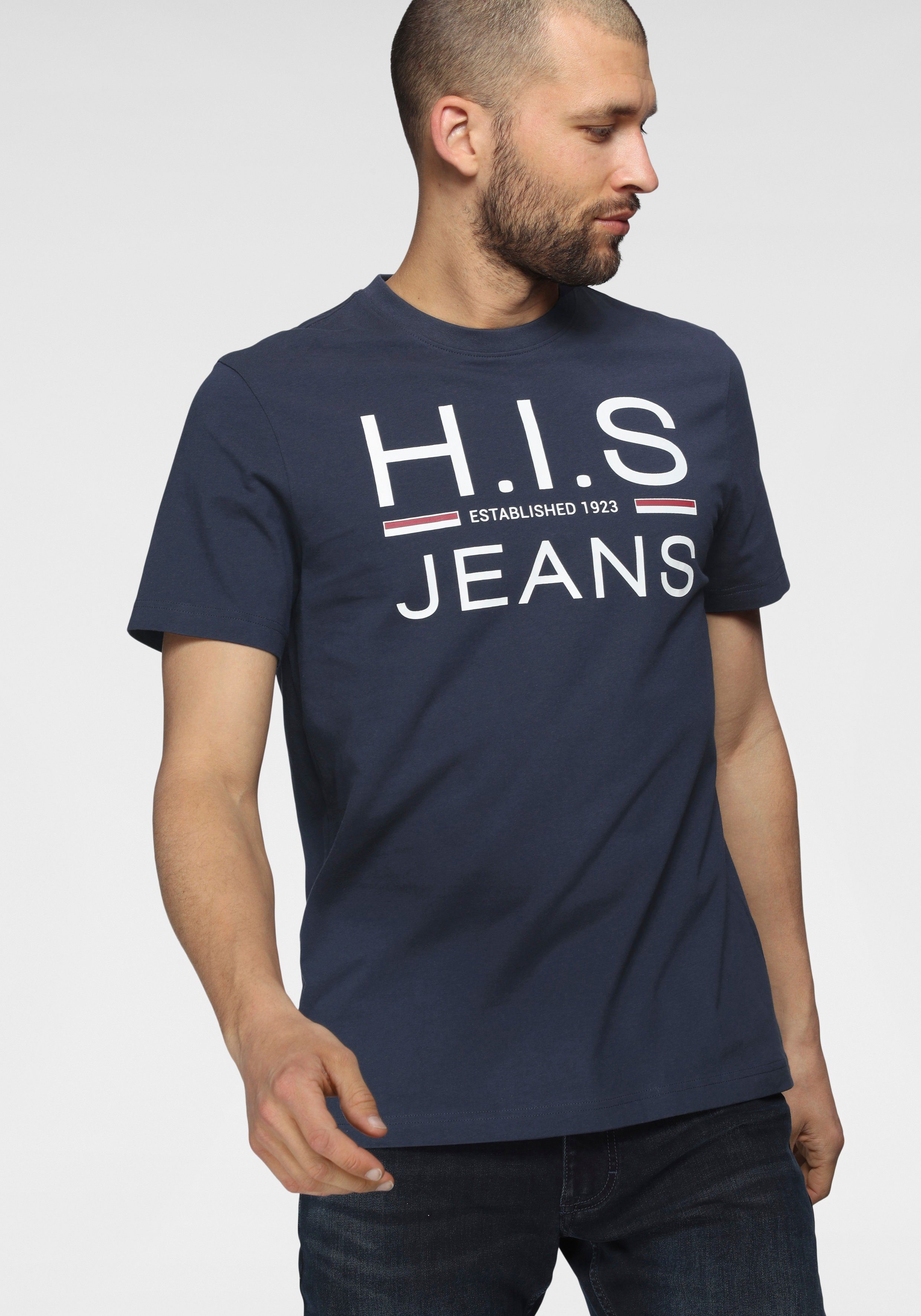 H.I.S Shirt met ronde hals slank gesneden, bedrukt ontwerp, ronde hals, van katoen (Set van 2)