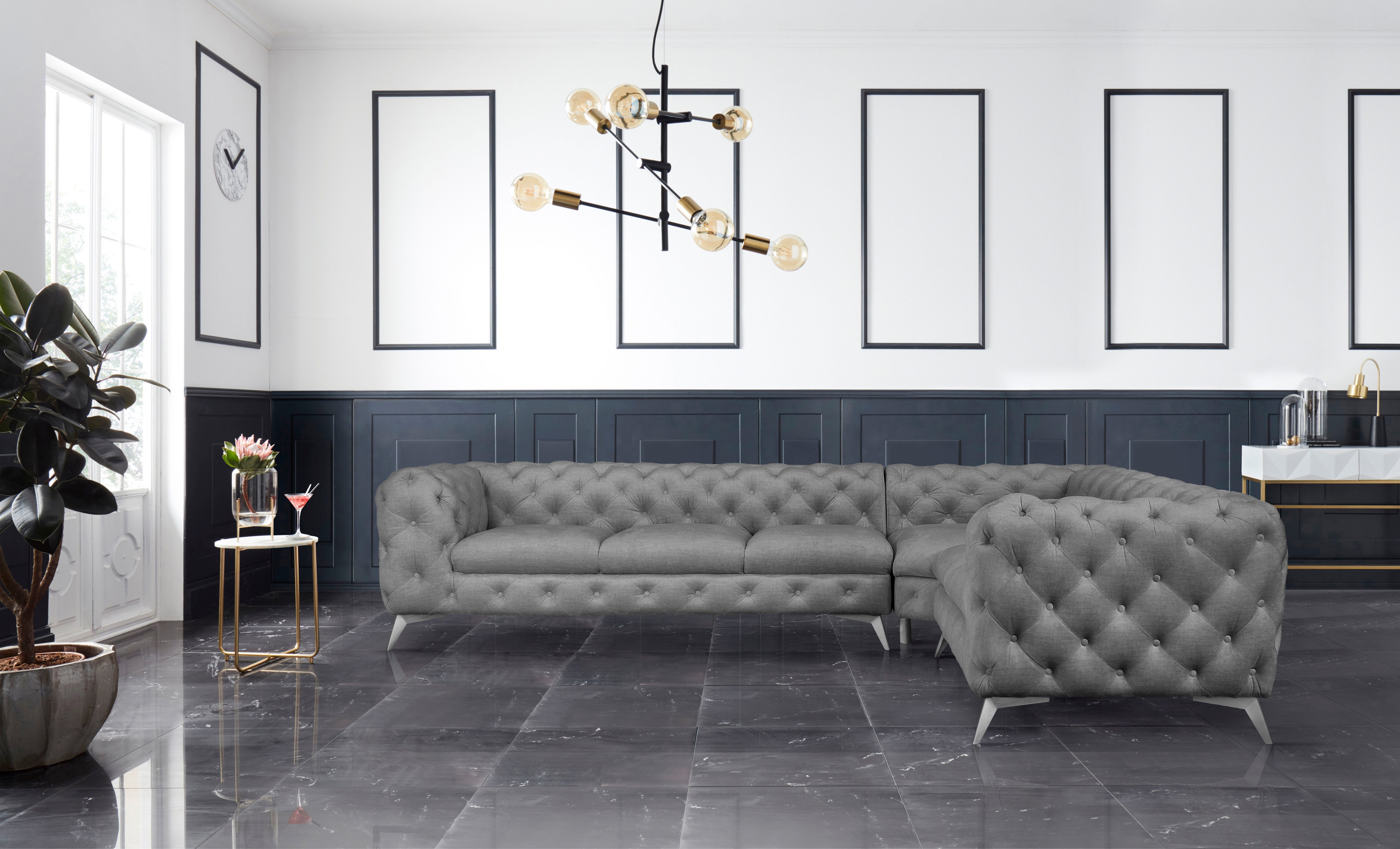 Leonique Chesterfield-bank Glynis L-vorm luxueuze capitonnage, moderne chesterfield look, kleur van de poten ter keuze
