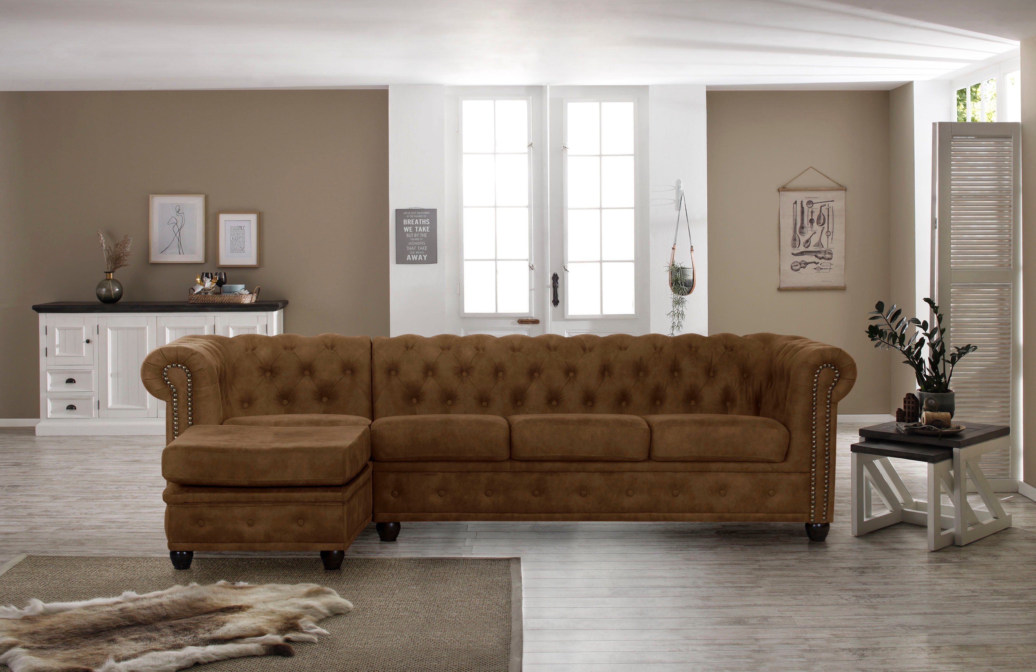 Home affaire Chesterfield-bank Rysum L-vorm Chesterfield-look met afsluitende ottomane rood, chesterfield banken, Ottomane links