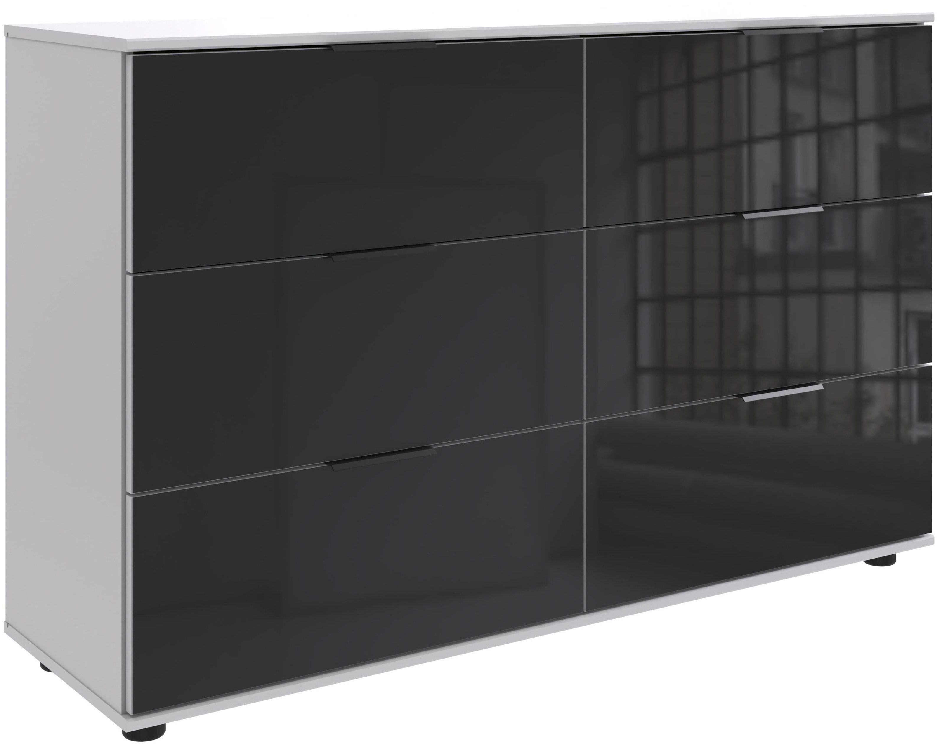 Wimex Ladekast Leonberg, sideboard met 6 lades met glazen front, b/d/h 130/41/83 cm, zwarte metalen handgrepen