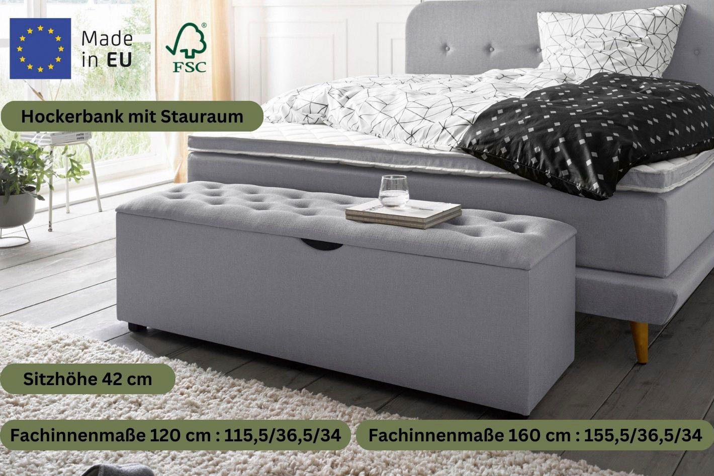 Places of Style Hockerbank Knobbed Hockerbank met bergruimte, breedte 120 cm en 160 cm