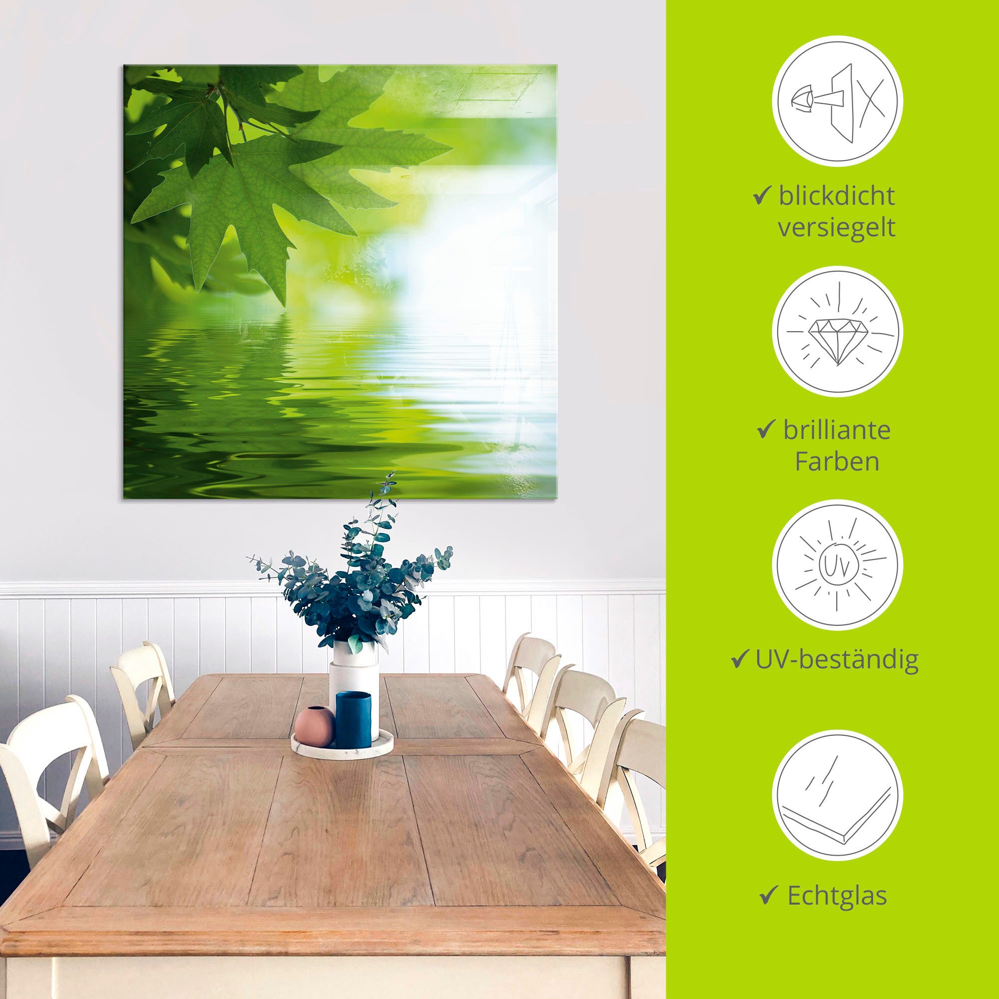 Artland Print op glas Groene blaadjes reflecteren in het water