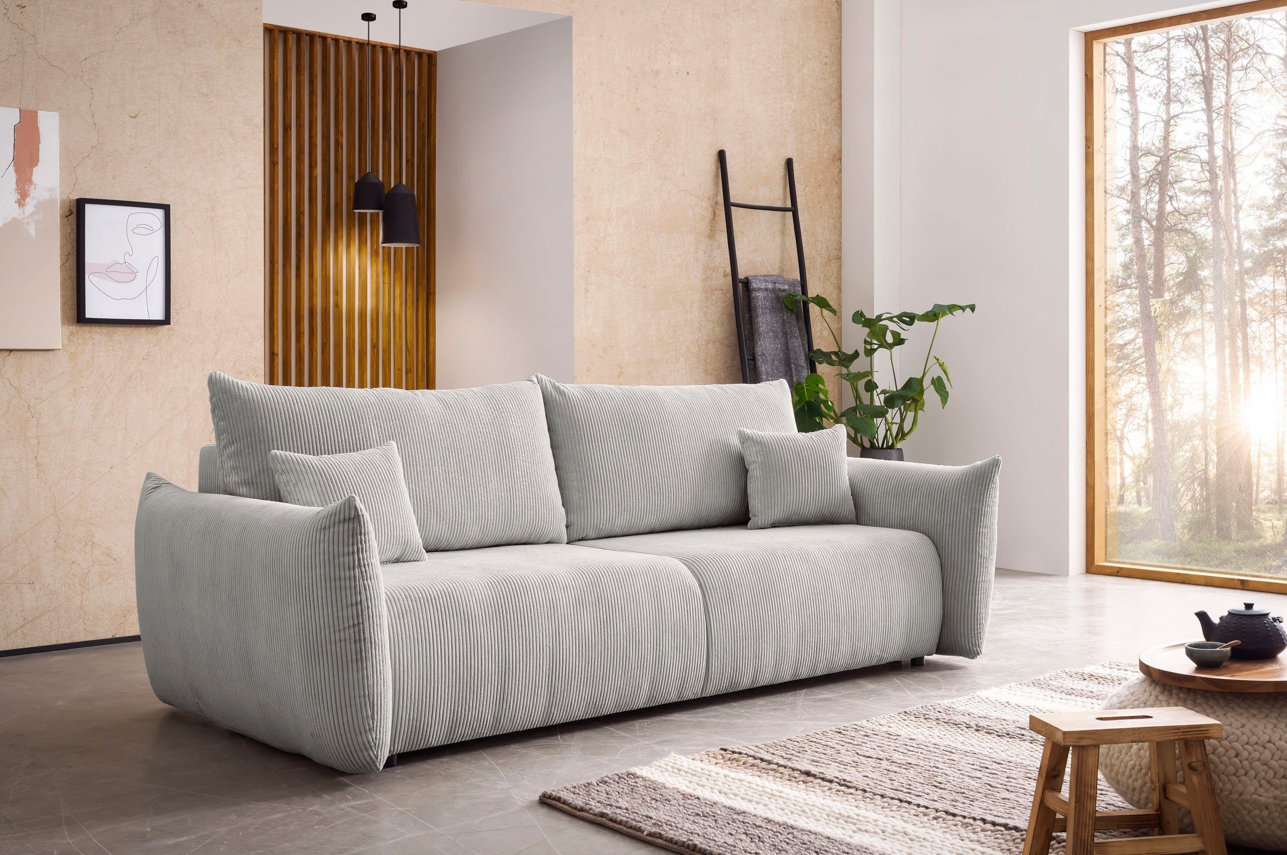 INOSIGN 3-zitsbank MAVAS slaapbank met bedlade ca. 240/108 cm (ligoppervlak 212/145 cm), ribfluweel, chenille, structuur