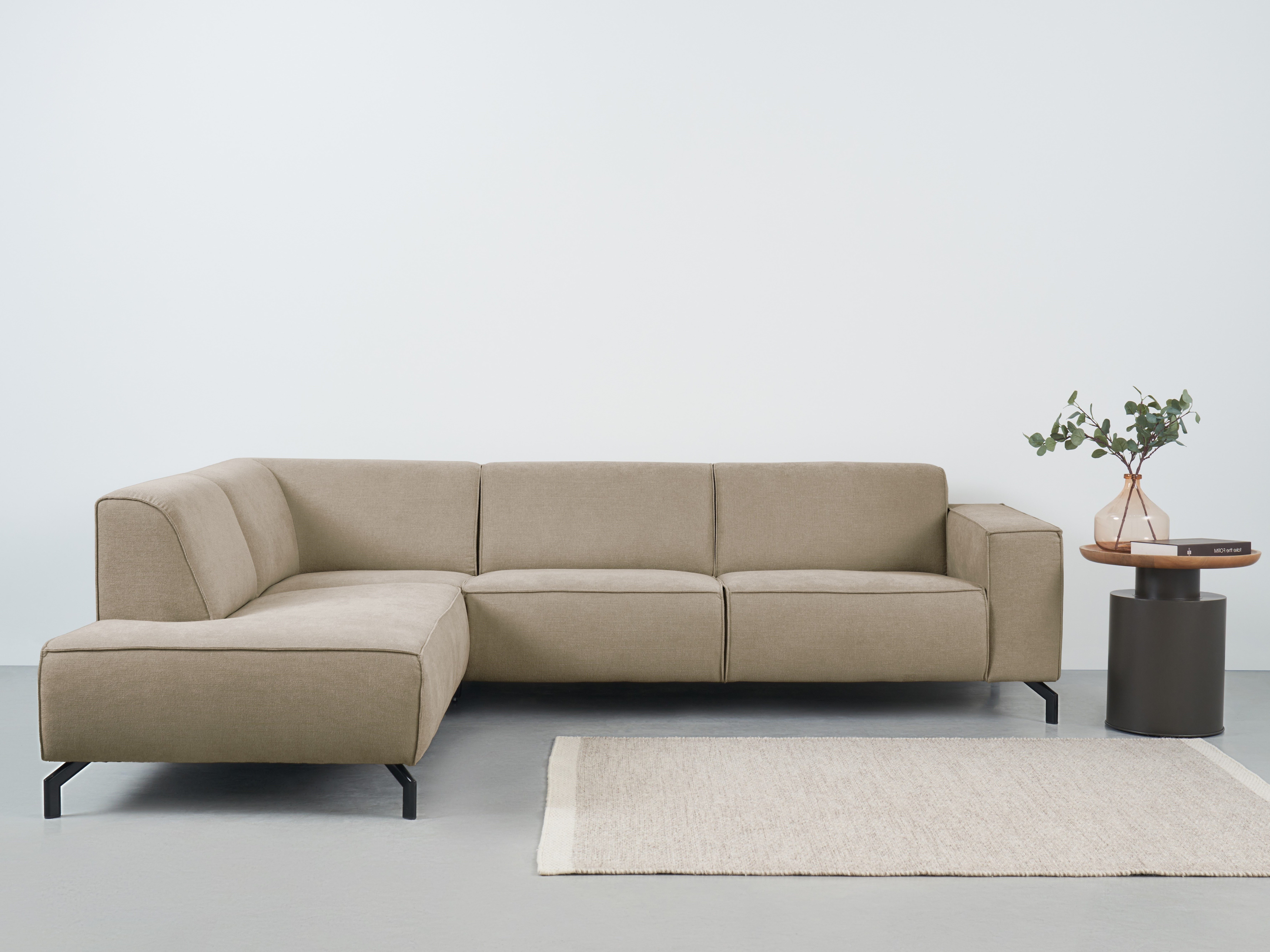 Places of Style Hoekbank Lorcan, breedte 275 cm, zacht zitgevoel met zwarte metalen poten, lederlook en zachte structuurstof