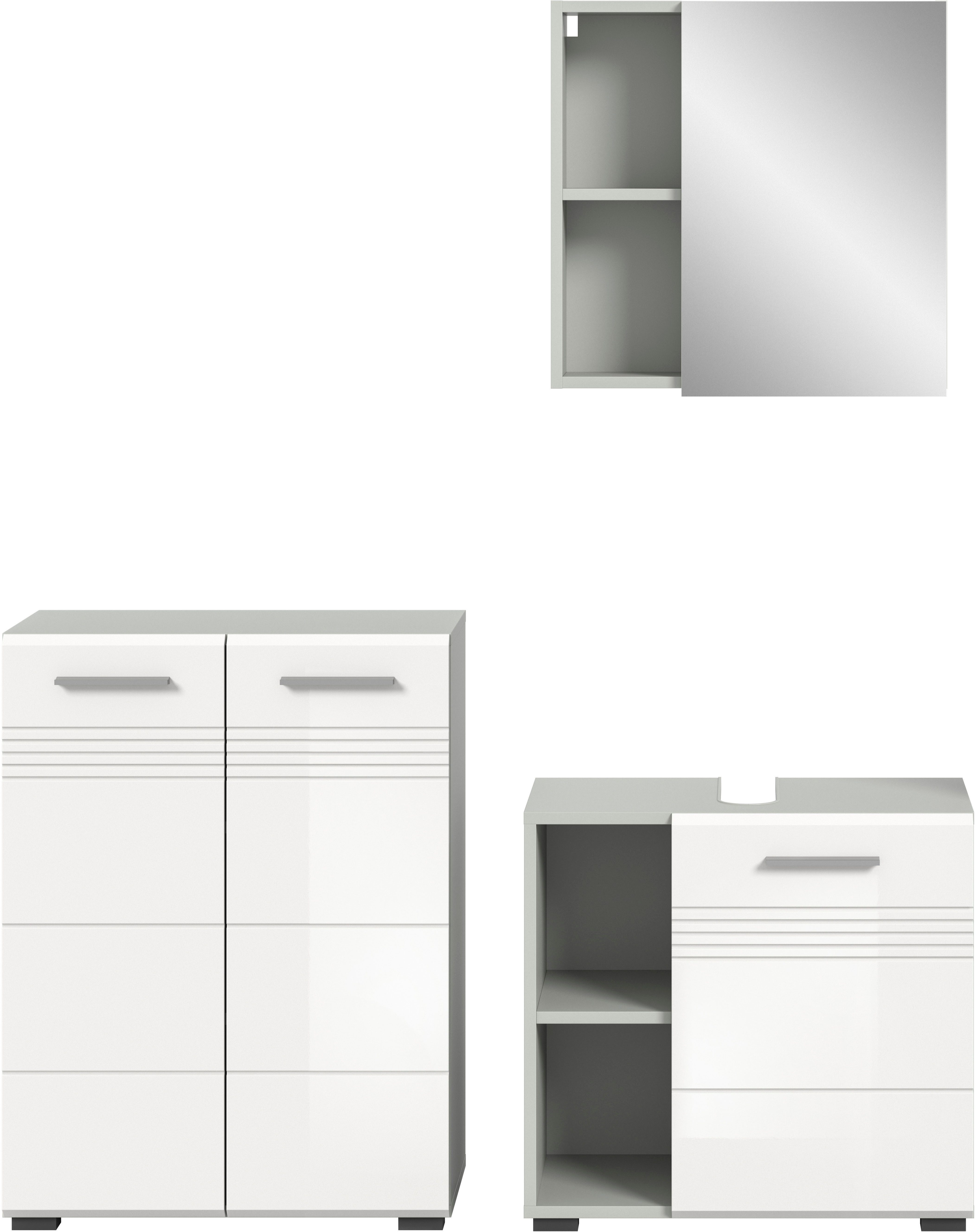welltime Badmeubelset Calicio, bestaande uit: midikast, wastafelonderkast Spiegelschrank, hoogwaardige MDF front met groeffrasing (3 stuks)