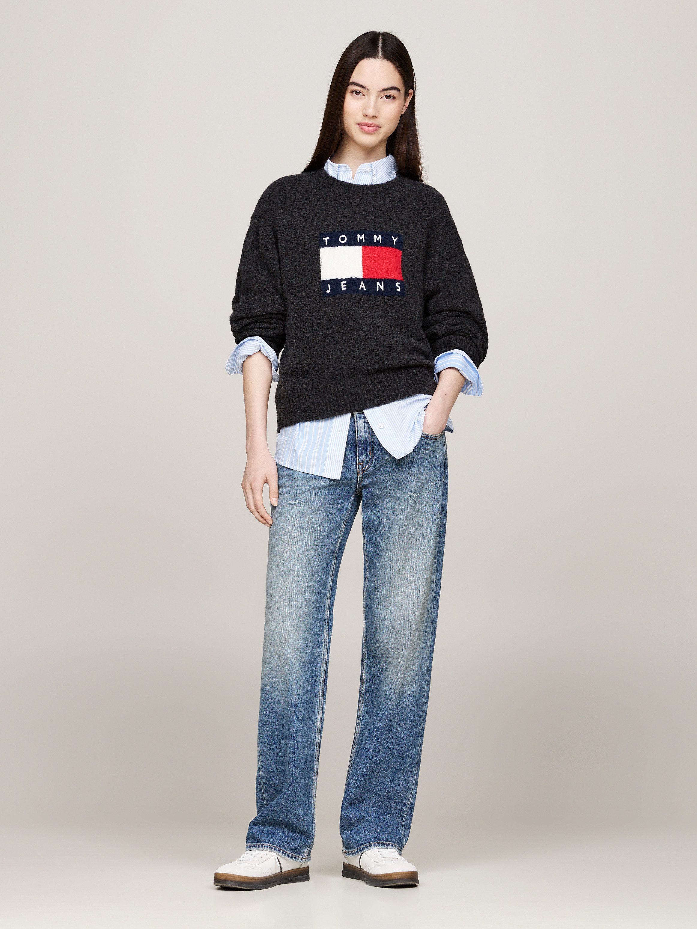 Tommy Jeans Curve Gebreide trui TJW MELANGE FLAG SWEATER EXT in grote maten, met wolpercentage en elastaan