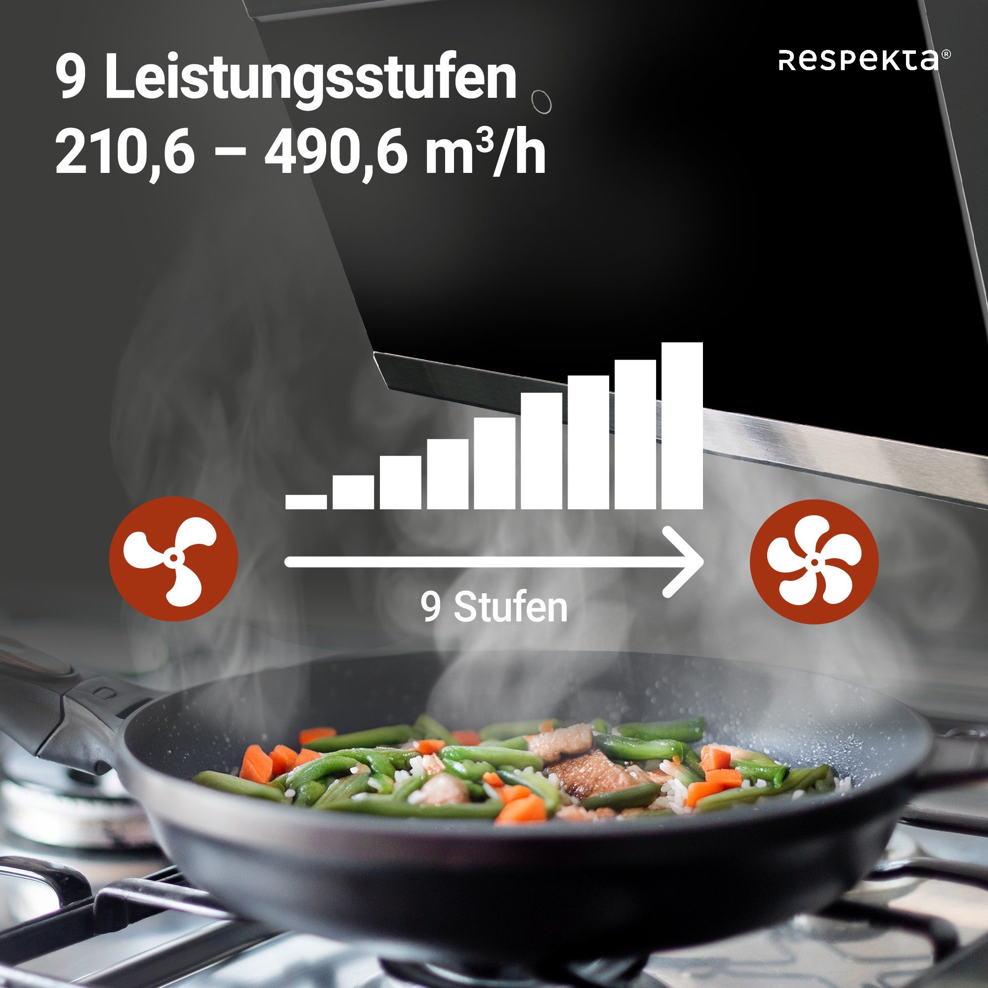 RESPEKTA Schuine wandkap 90 cm, 9 vermogensniveaus, led-verlichting, geschikt voor afzuiging en recirculatie
