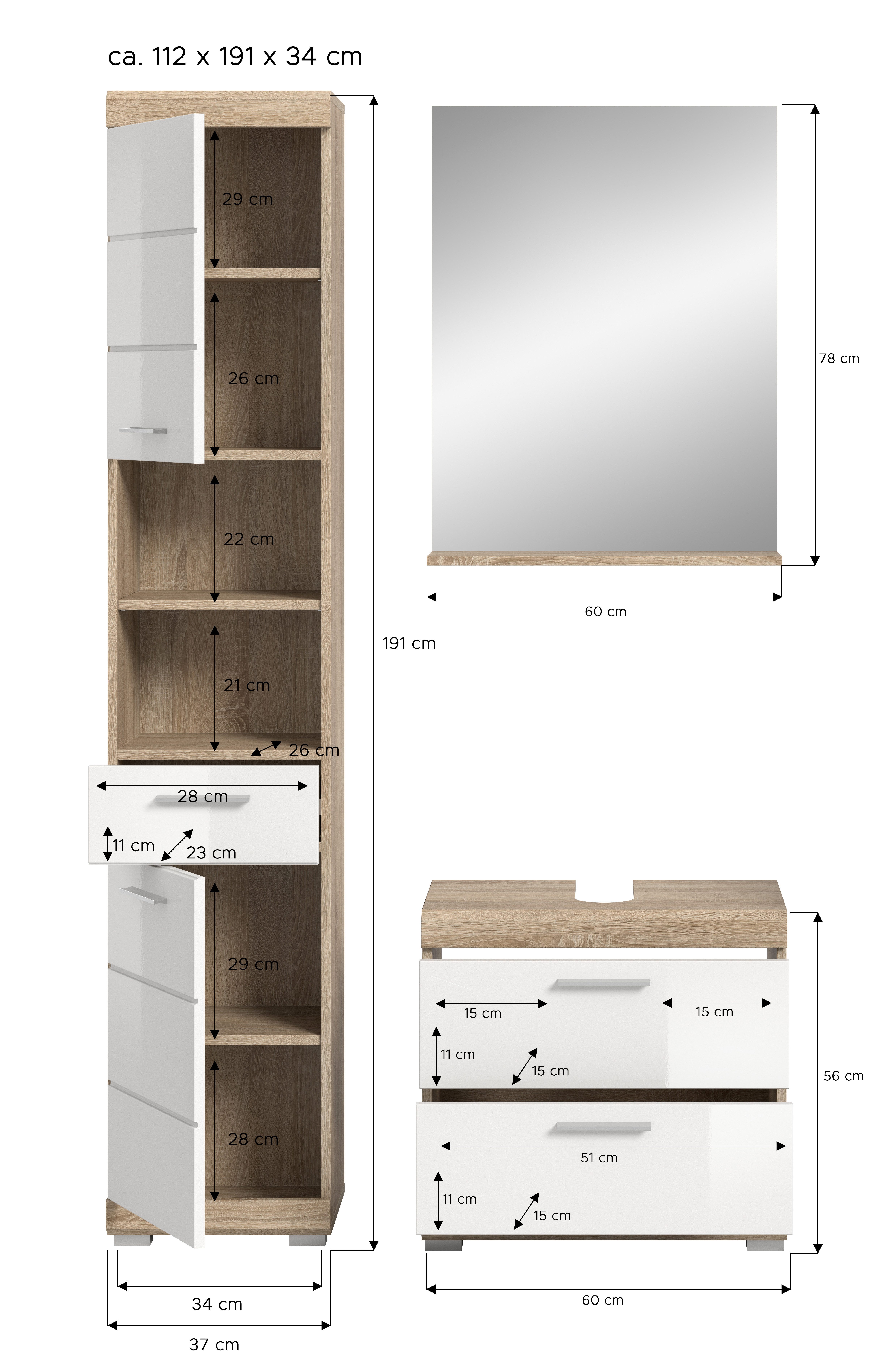 INOSIGN Badkamerserie Siena, 3-delig, bestaande uit: Hoge kast, wastafelonderkast, spiegel (set, 3-delig)