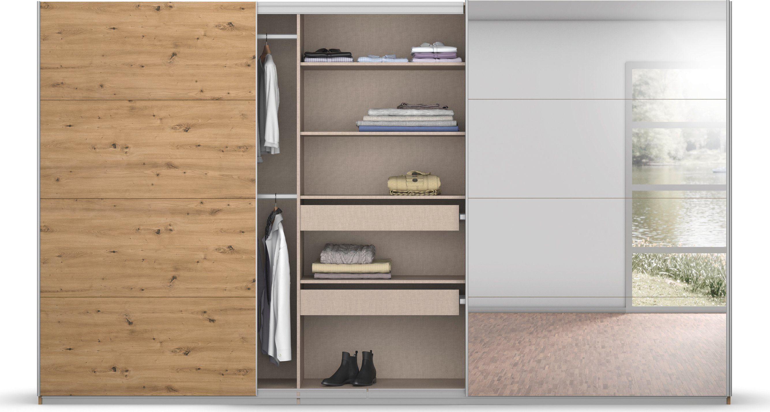 rauch Zweefdeurkast Kledingkast kast garderobe BESTSELLER KOLUNA met spiegel inclusief 2 binnenladen en extra legplanken made in germany
