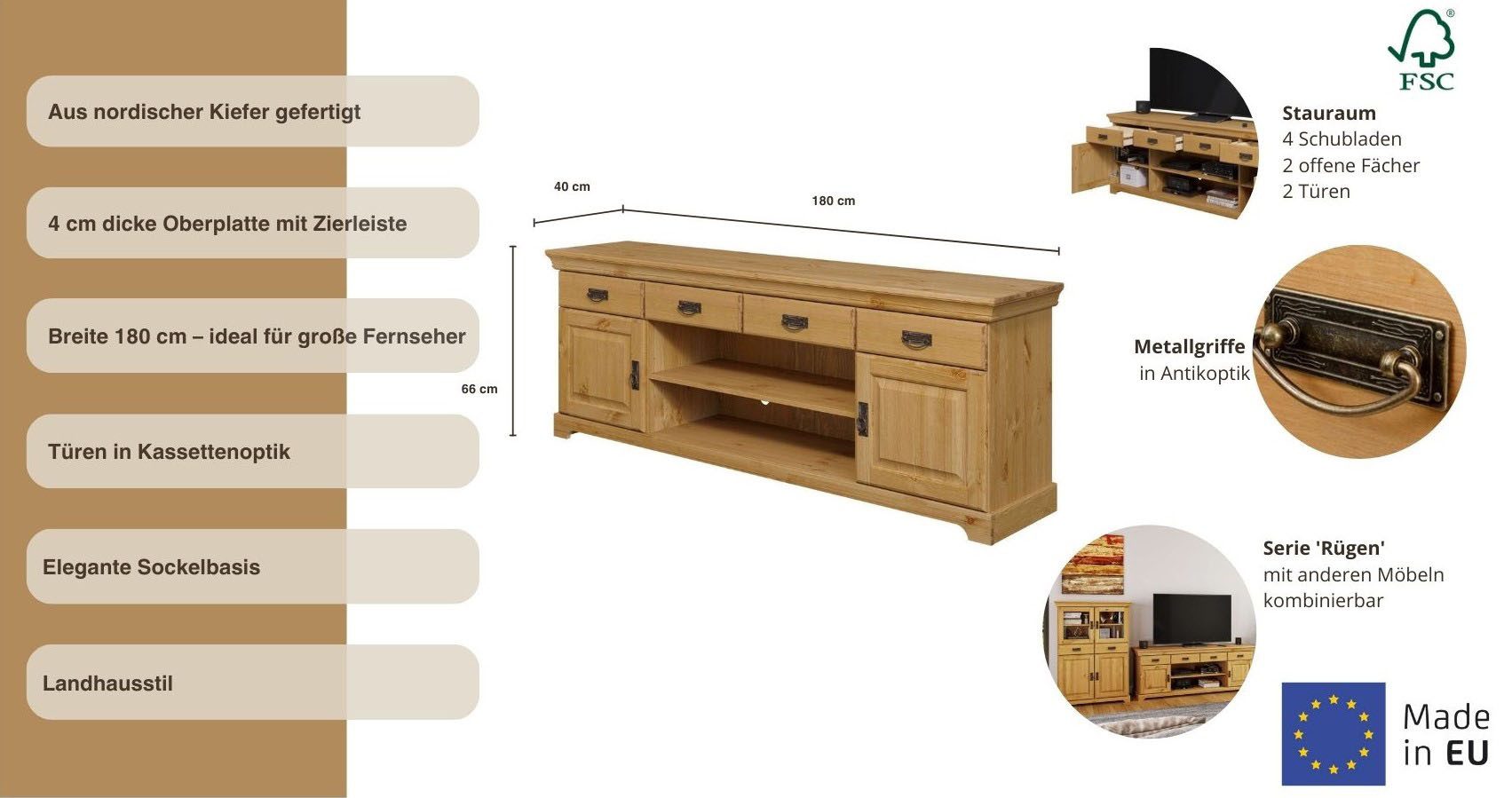 Home affaire Tv-meubel Rügen gecertificeerd massief hout, breedte 180 cm, in landhuisstijl