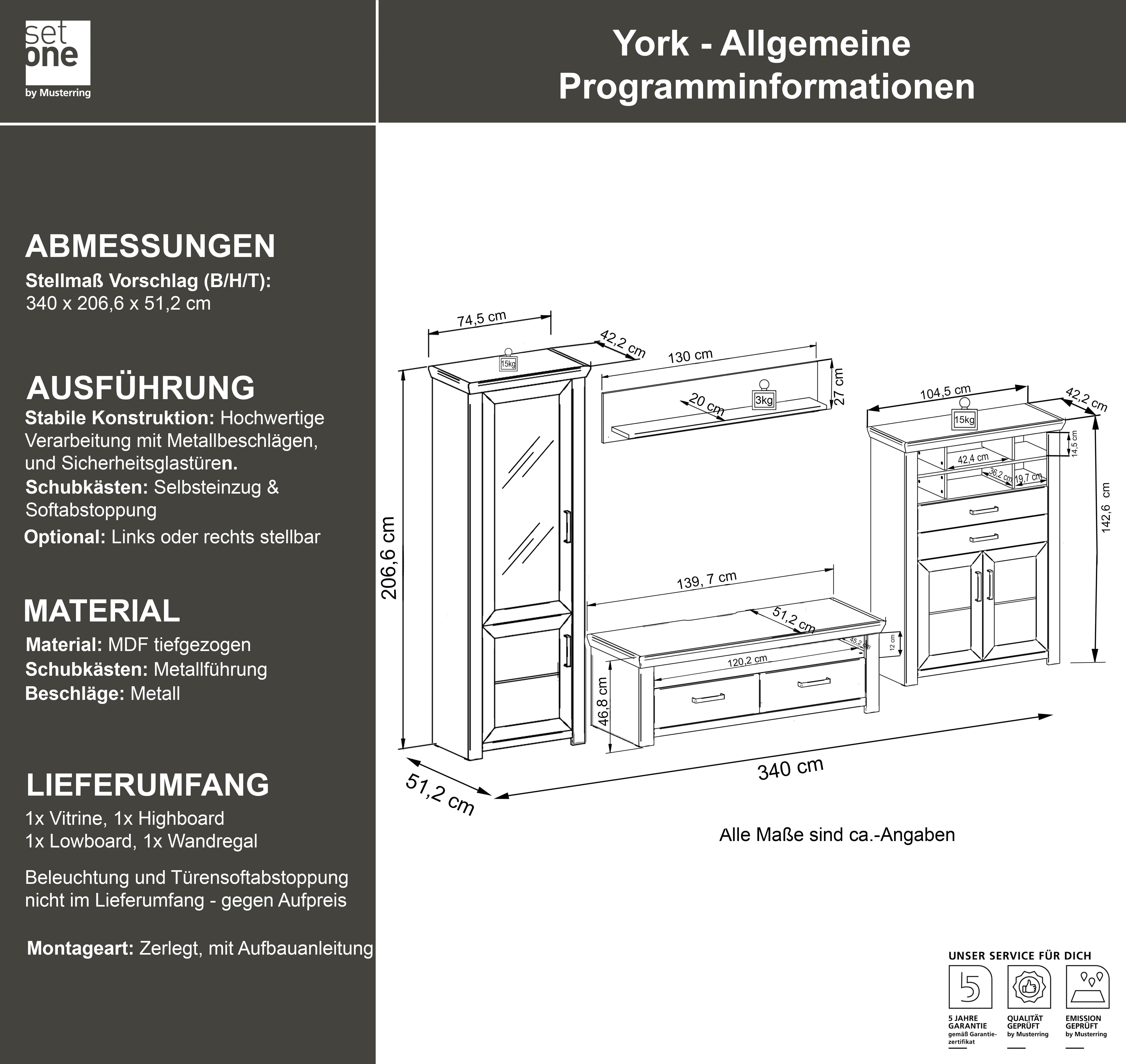 set one by Musterring Wandmeubel York Combinatie 23, in 3 kleurvarianten, totale breedte 314 cm (4-delig)