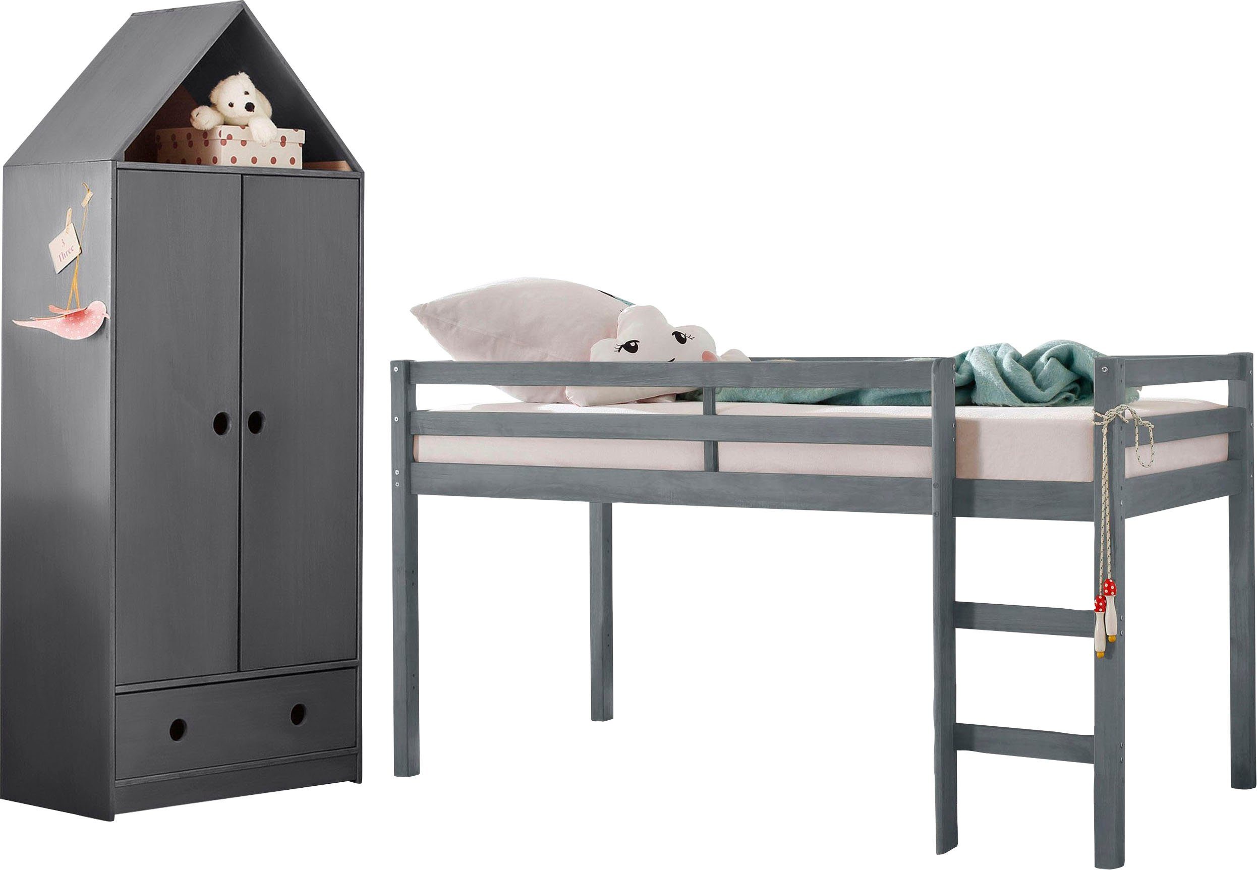 Lüttenhütt Tienerkamerset Alpi Hoogslaper en kledingkast in huiselijke stijl, perfect voor kleine kamers (voordeelset, 2-delig) complete kinderkamers