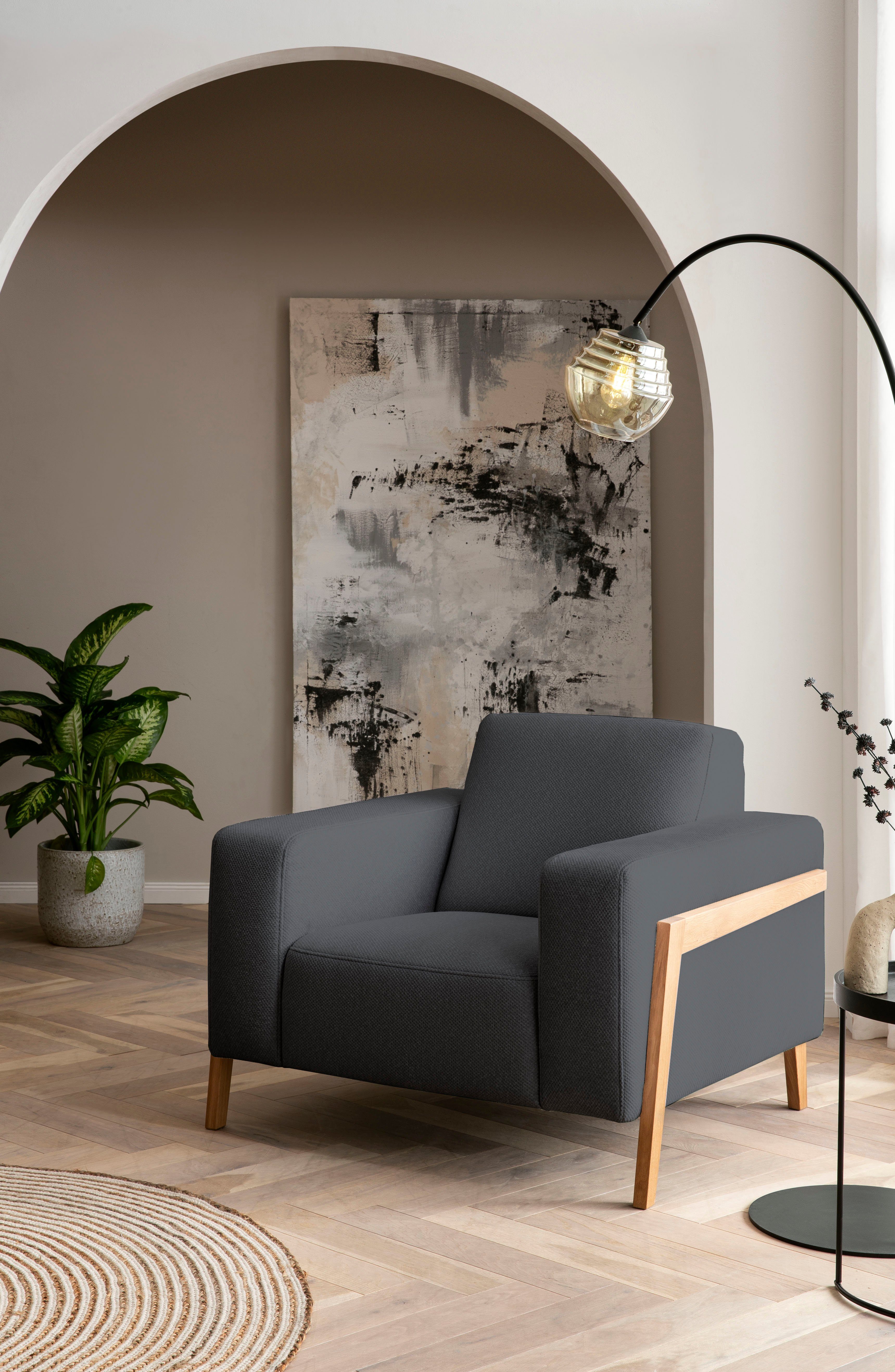 exxpo - sofa fashion Fauteuil Starr, loungestoel, Scandic ontwerp met zichtbaar hout aan de armleuning in scandinavisch design, met massief houten poten, vrij plaatsbaar in de ruimte