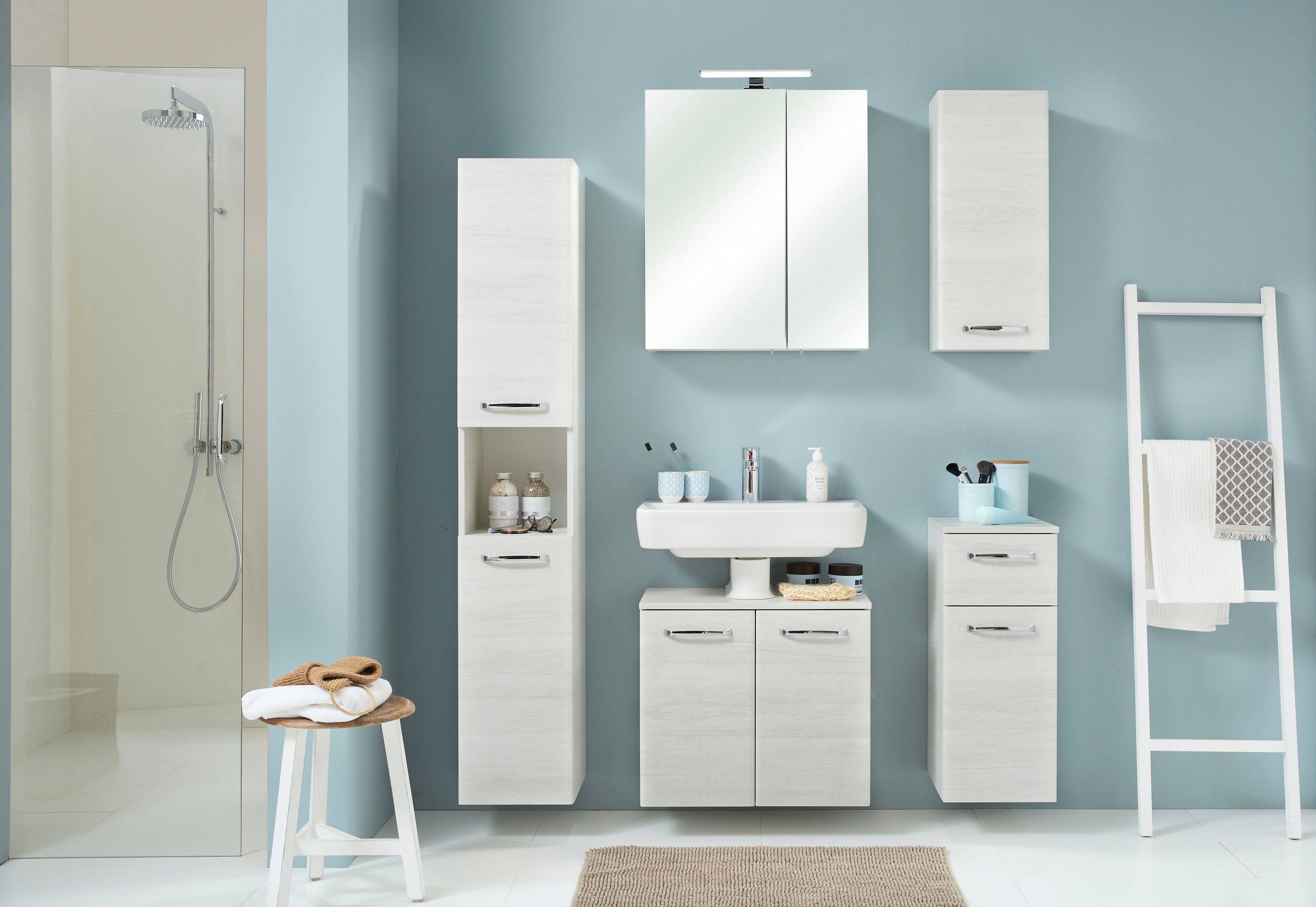 Saphir Hangend kastje Quickset wand-badkast 30 cm breed met 1 deur en 2 glazen legplanken Badkamer-hangend kastje inclusief deurdemper, grepen in glanzend chroom