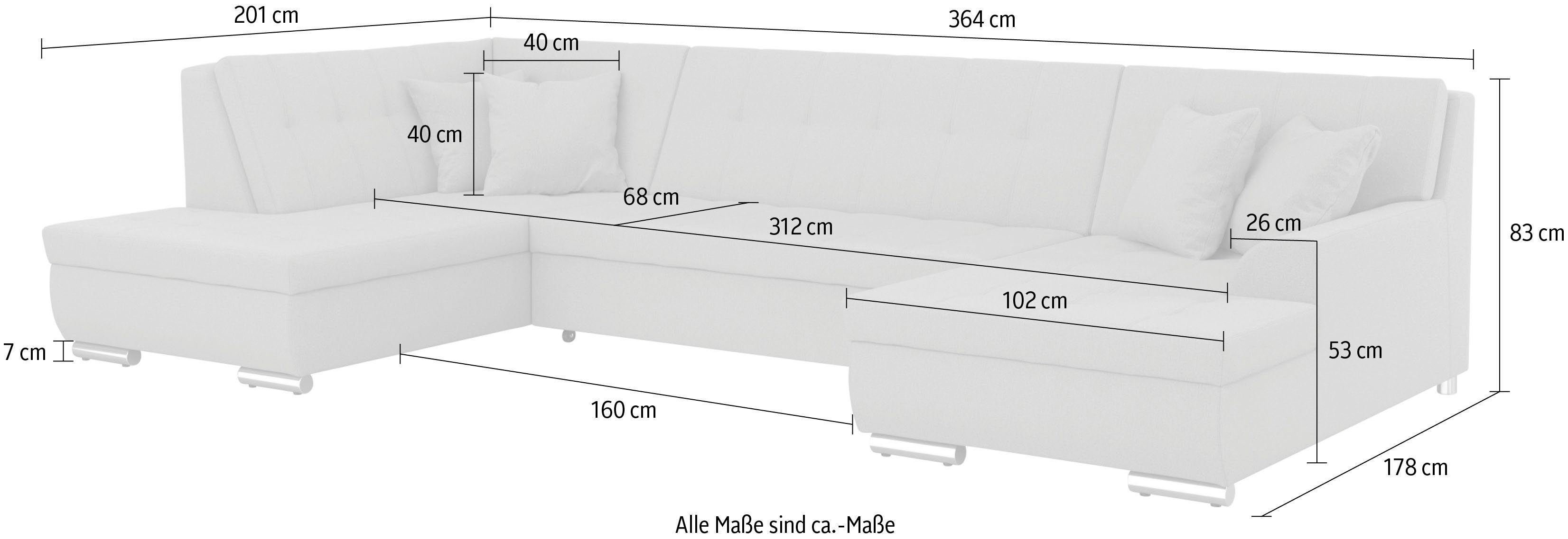 DOMO collection Zithoek Treviso inclusief sierkussen, moderne stiksels, XXL: B/D/H: 364/201/83 cm naar keuze met slaapfunctie, in vele soorten bekleding ook in cord u-model